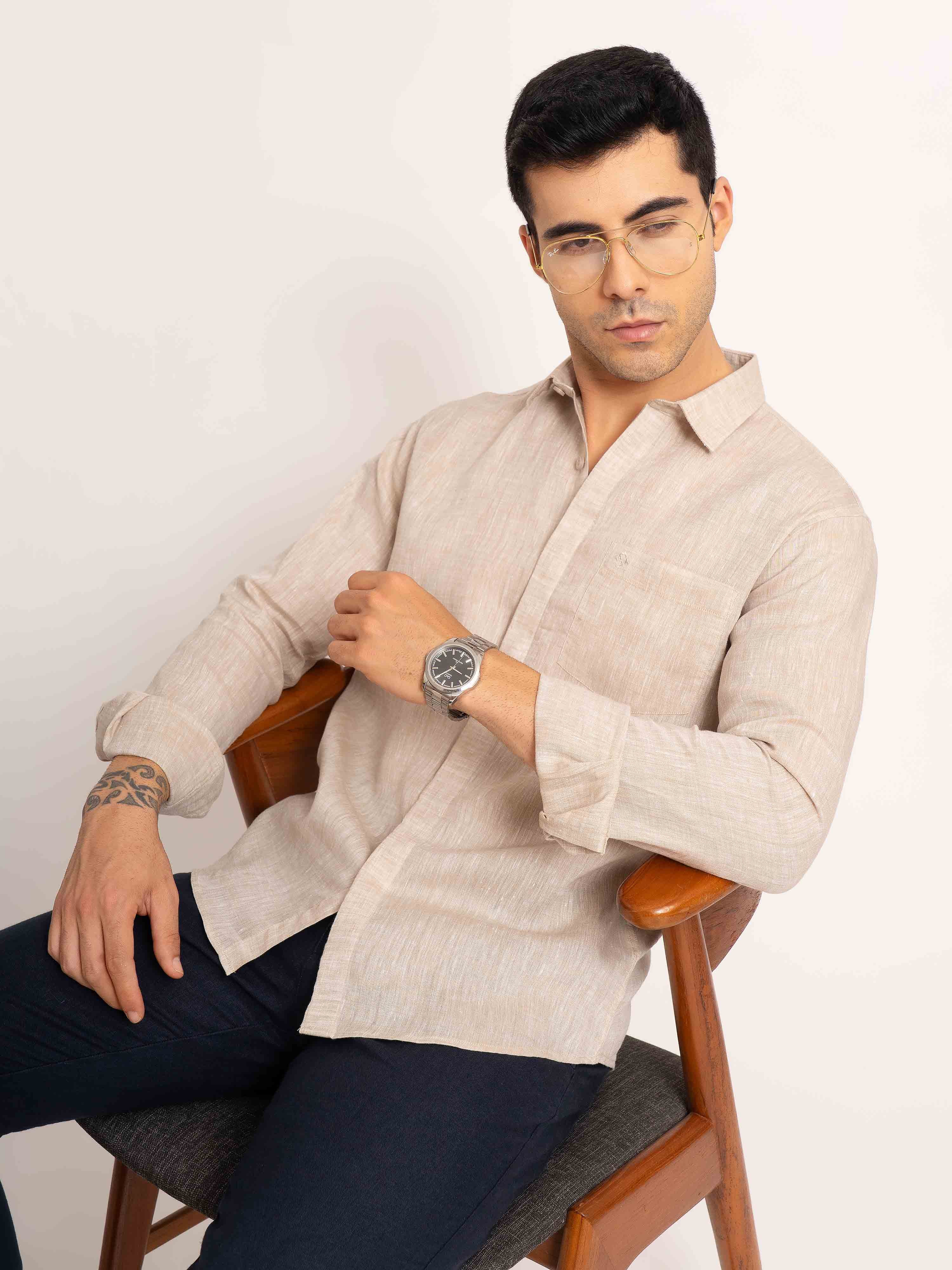 ST4U Men's Pure Linen Full Sleeve Chambray Conceal Placket  – Beige