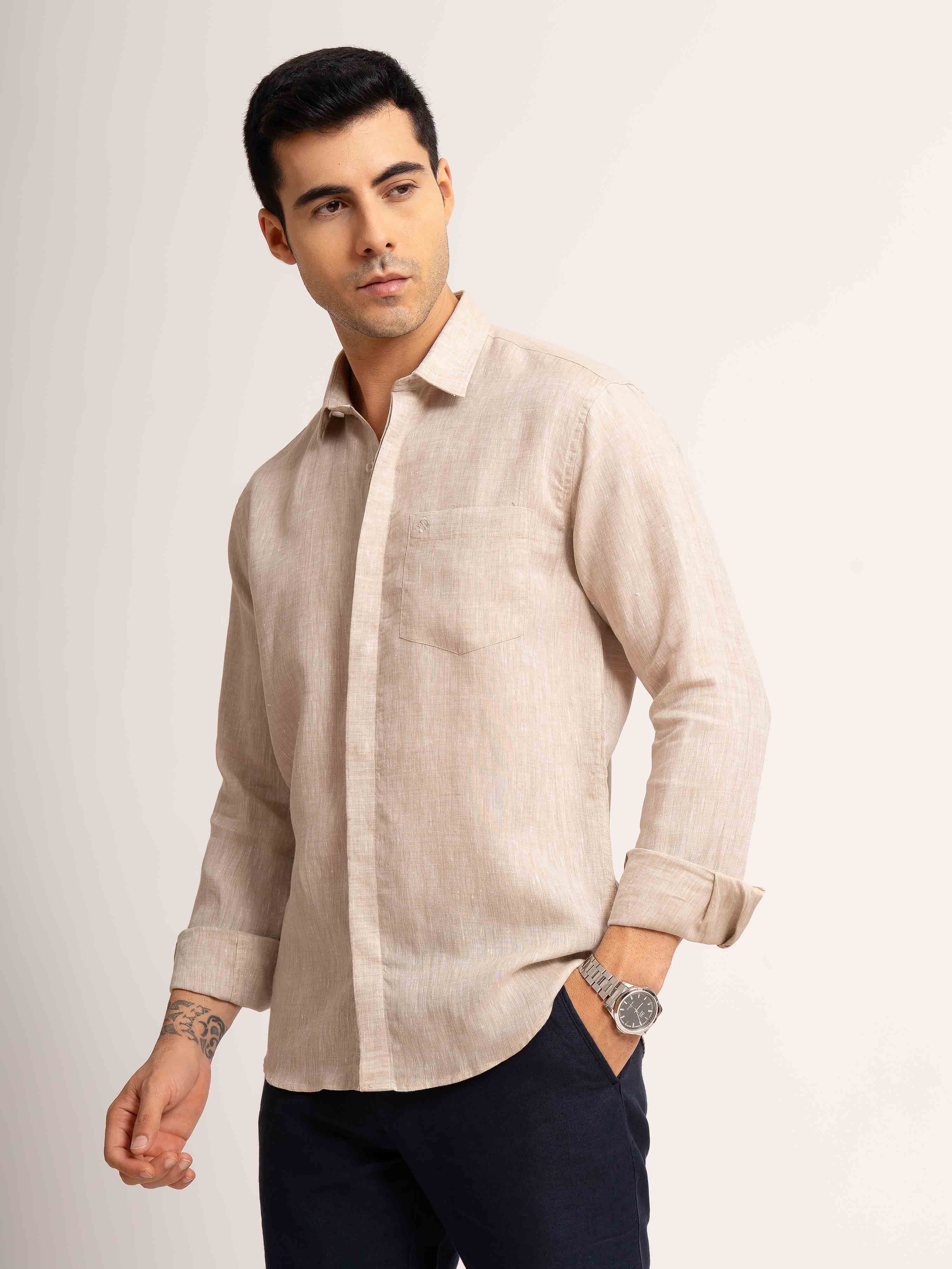 ST4U Men's Pure Linen Full Sleeve Chambray Conceal Placket  – Beige
