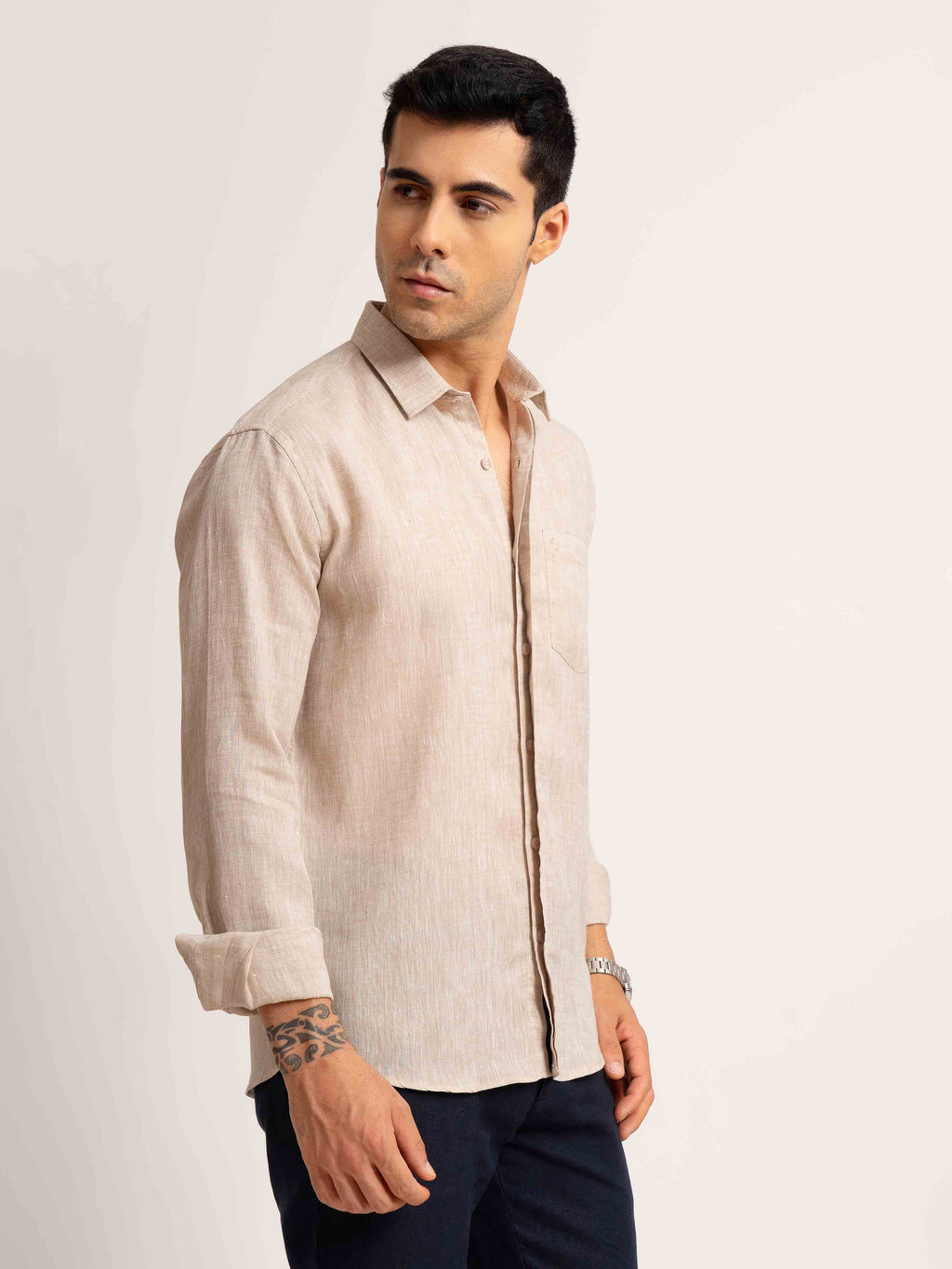 ST4U Men's Pure Linen Full Sleeve Chambray Conceal Placket  – Beige