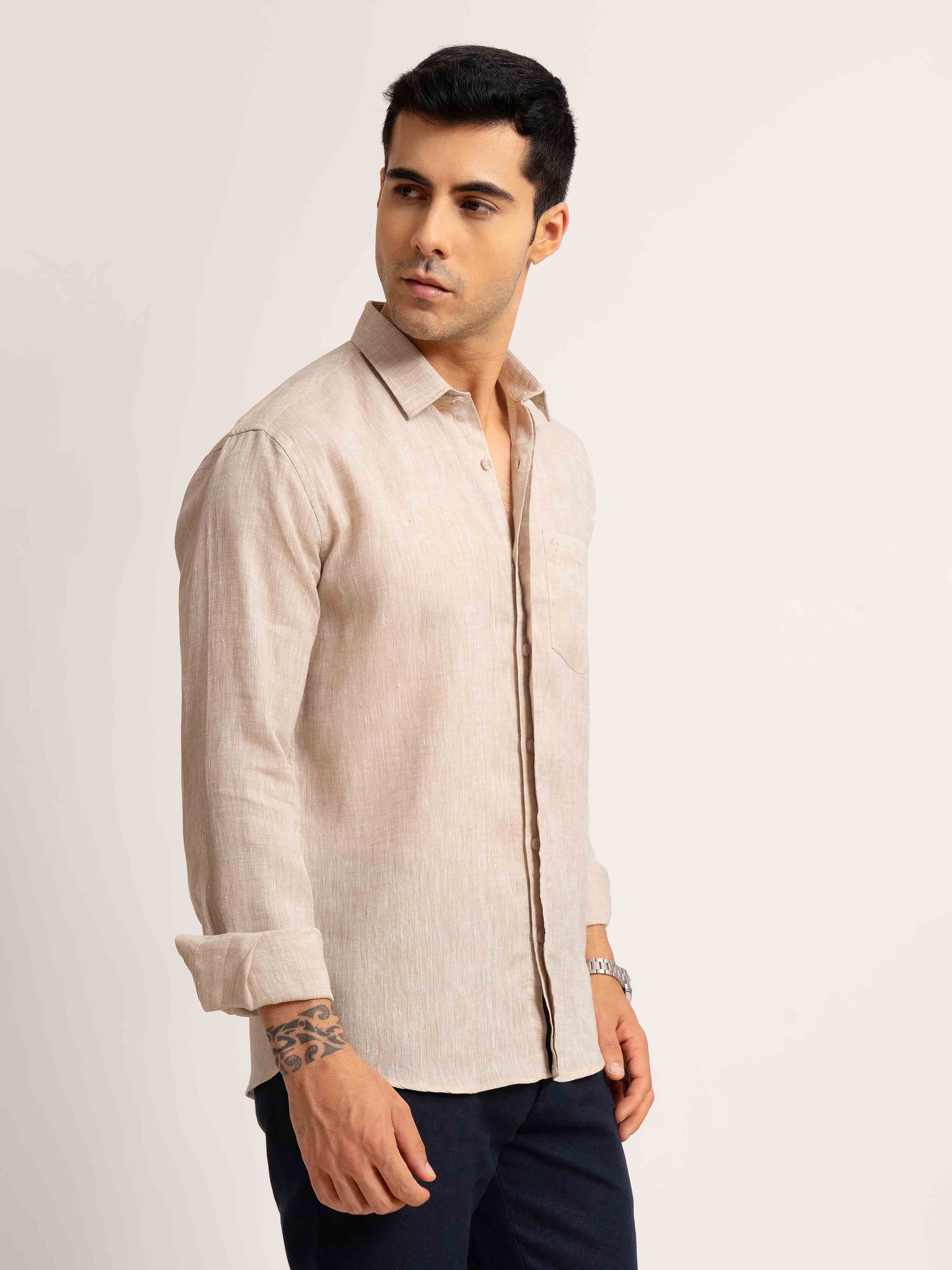 ST4U Men's Pure Linen Full Sleeve Chambray Conceal Placket  – Beige