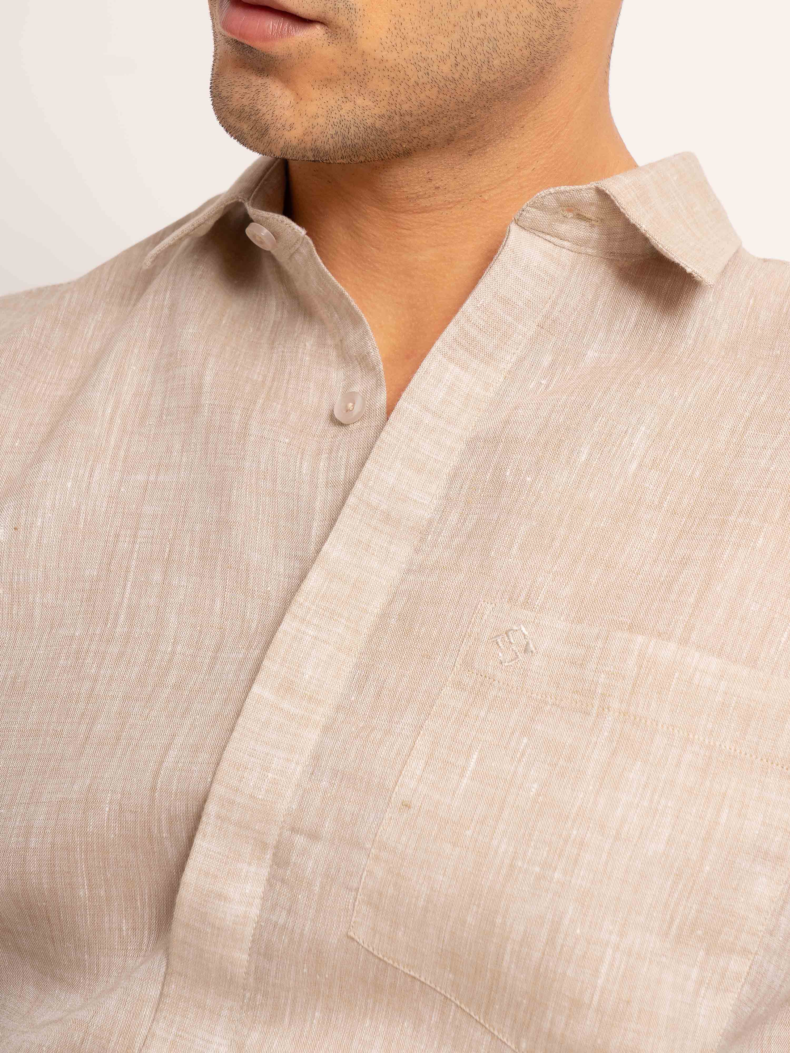ST4U Men's Pure Linen Full Sleeve Chambray Conceal Placket  – Beige