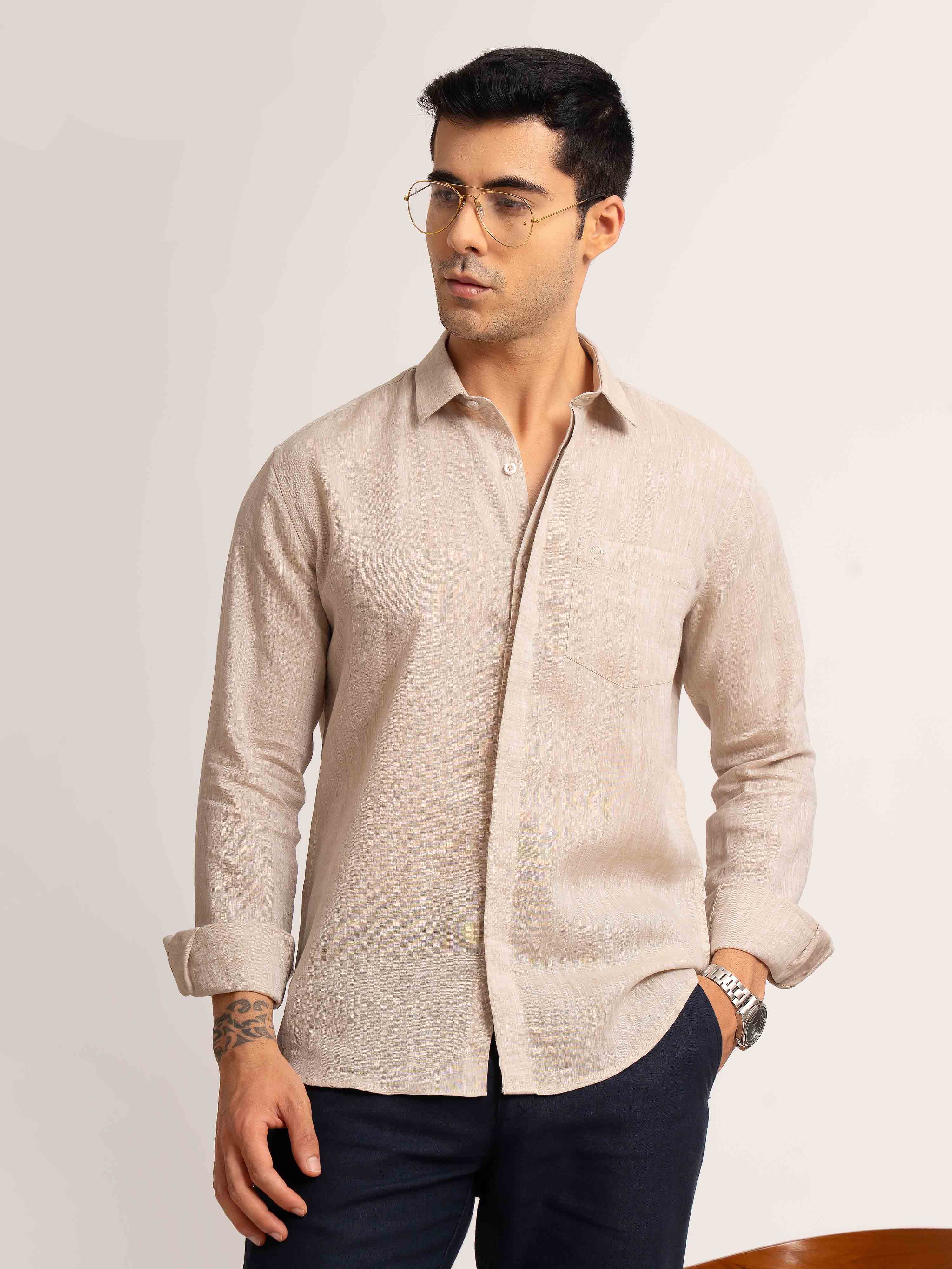 ST4U Men's Pure Linen Full Sleeve Chambray Conceal Placket  – Beige