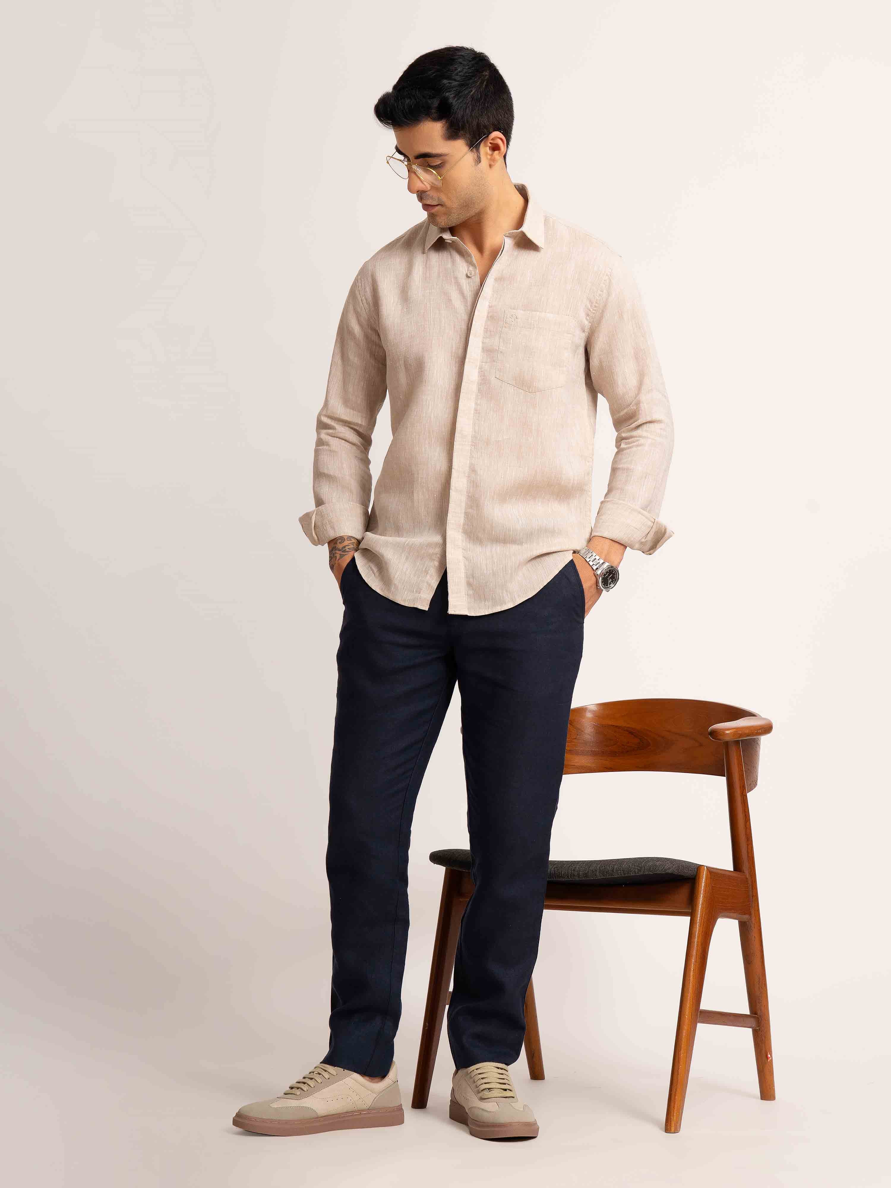 ST4U Men's Pure Linen Full Sleeve Chambray Conceal Placket  – Beige