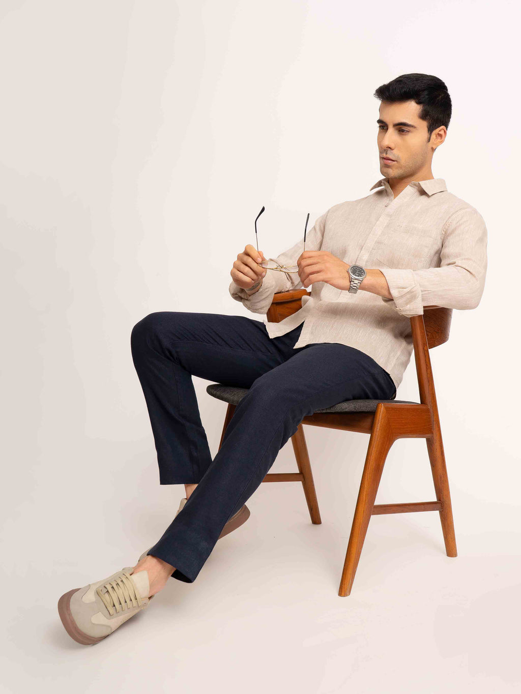 ST4U Men's Pure Linen Full Sleeve Chambray Conceal Placket  – Beige