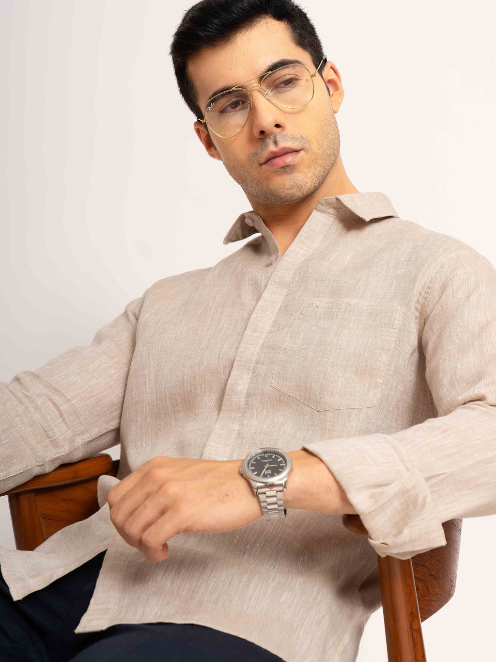 ST4U Men's Pure Linen Full Sleeve Chambray Conceal Placket  – Beige