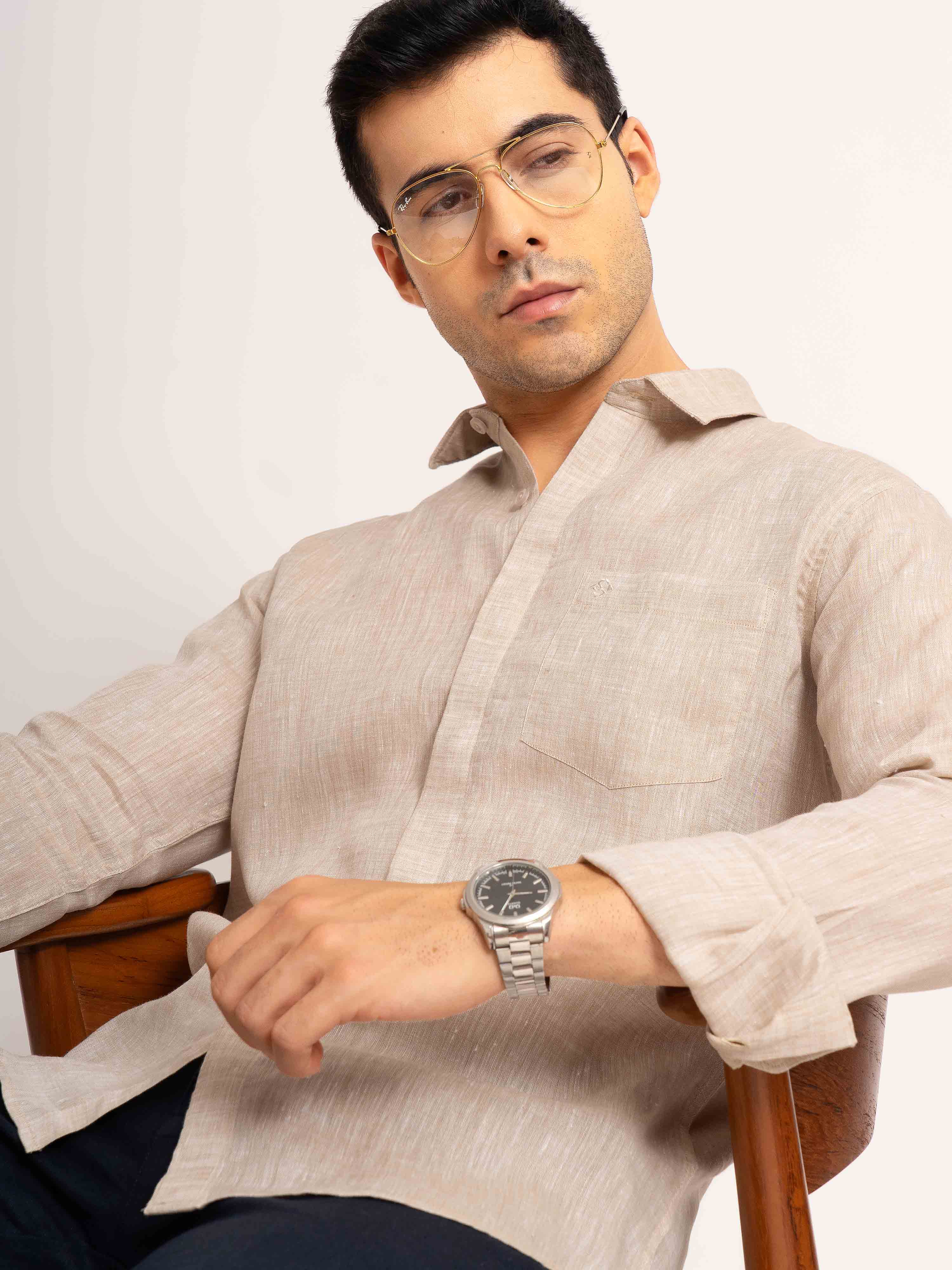 ST4U Men's Pure Linen Full Sleeve Chambray Conceal Placket  – Beige