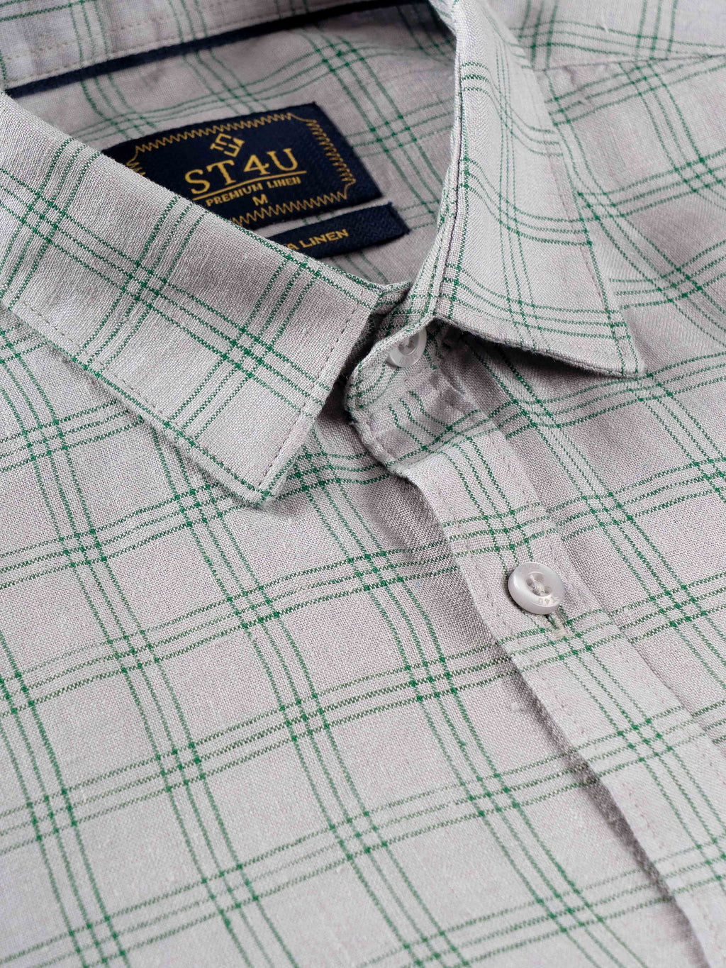 ST4U Men's Pure Linen Full Sleeve Checked Shirt – Green Grey Checks