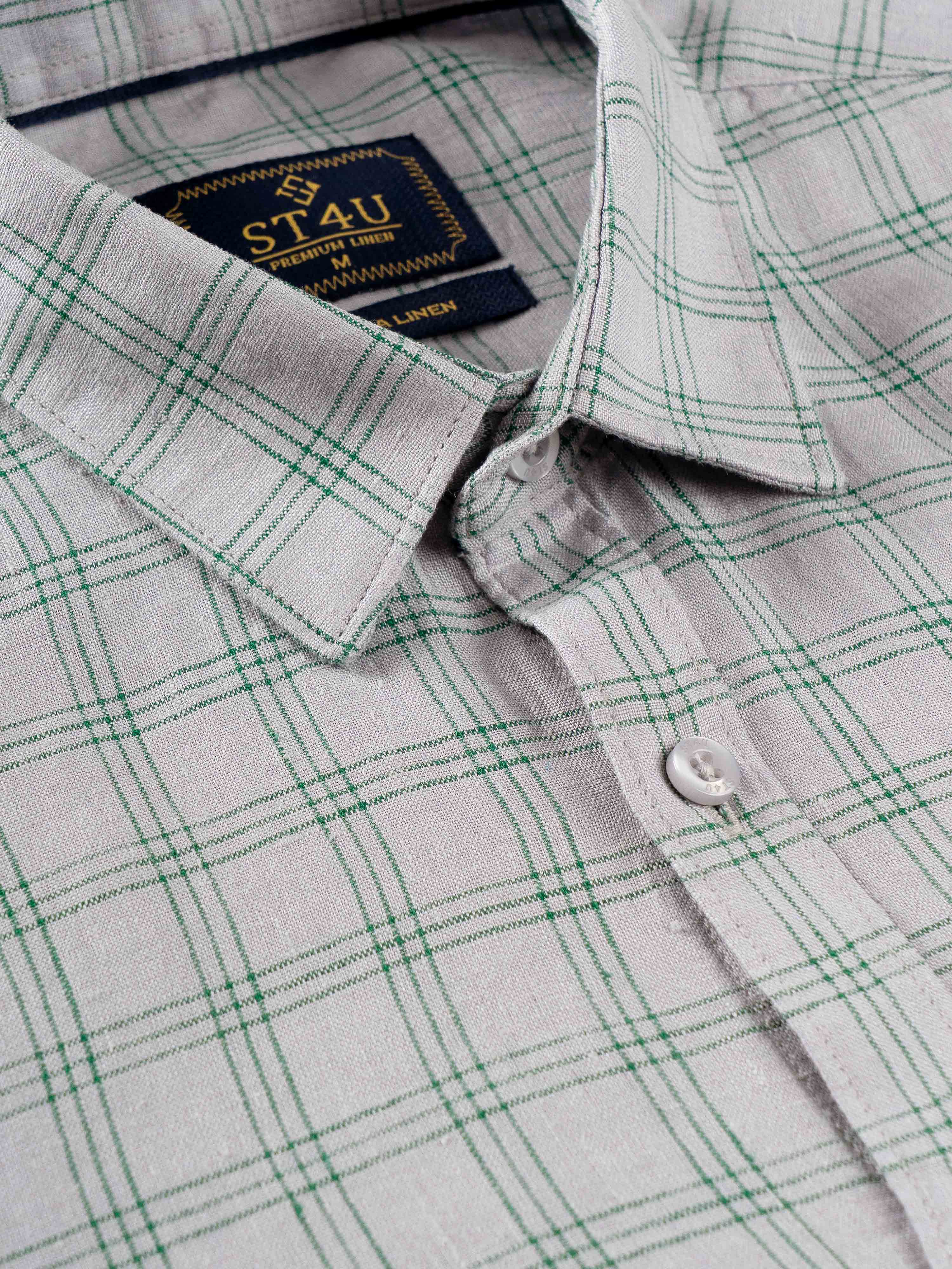 ST4U Men's Pure Linen Full Sleeve Checked Shirt – Green Grey Checks