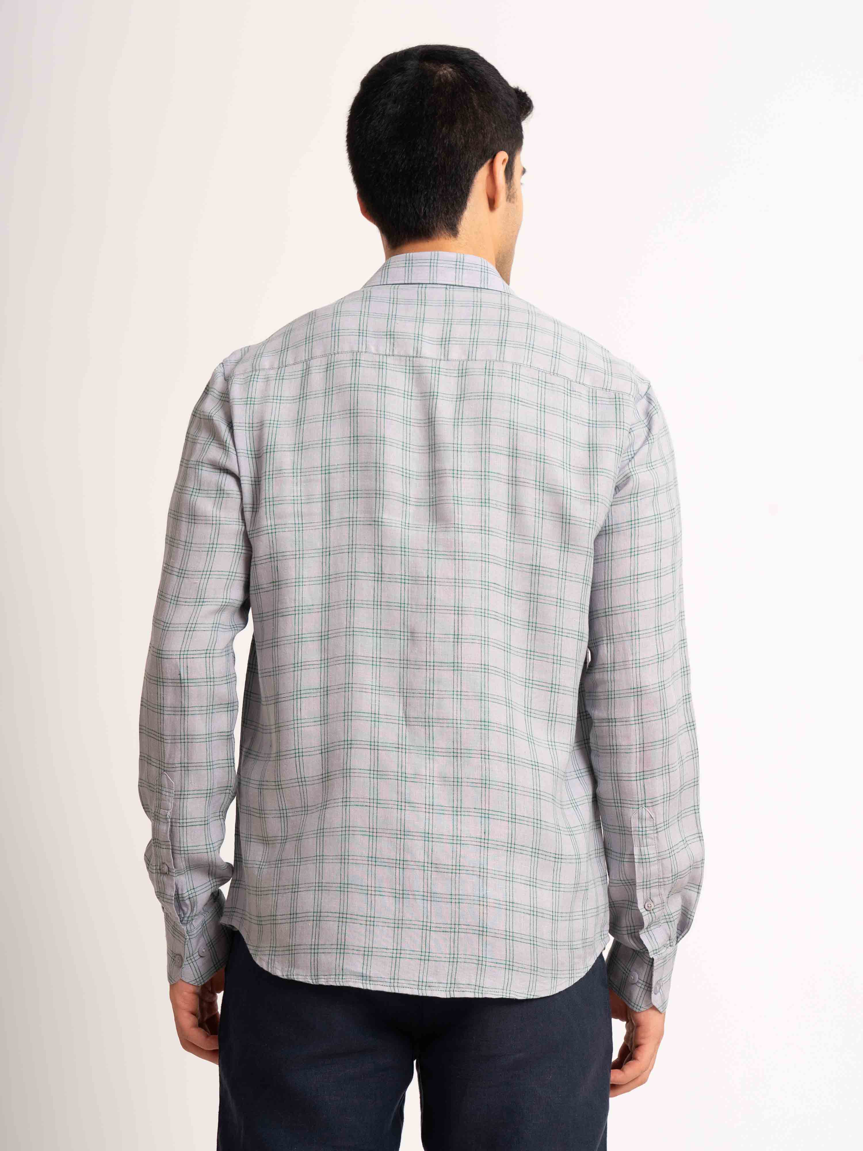 ST4U Men's Pure Linen Full Sleeve Checked Shirt – Green Grey Checks