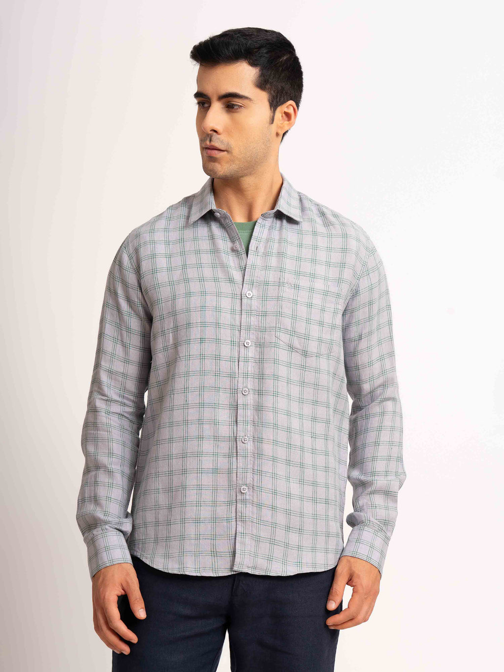 ST4U Men's Pure Linen Full Sleeve Checked Shirt – Green Grey Checks