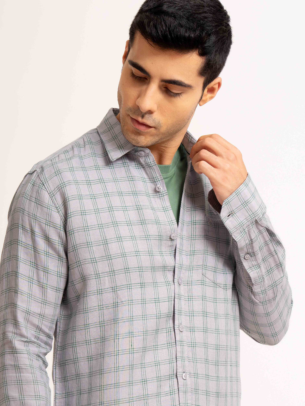 ST4U Men's Pure Linen Full Sleeve Checked Shirt – Green Grey Checks