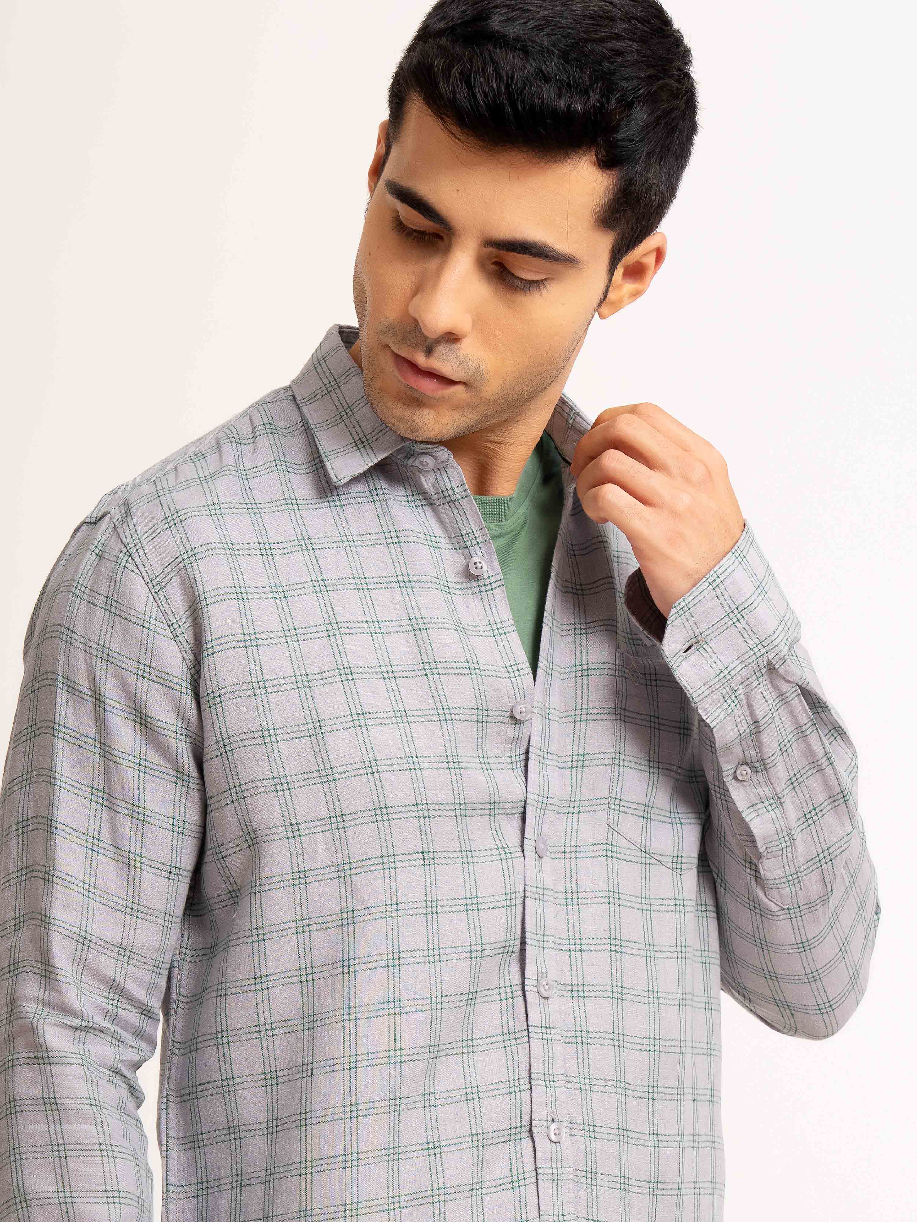 ST4U Men's Pure Linen Full Sleeve Checked Shirt – Green Grey Checks