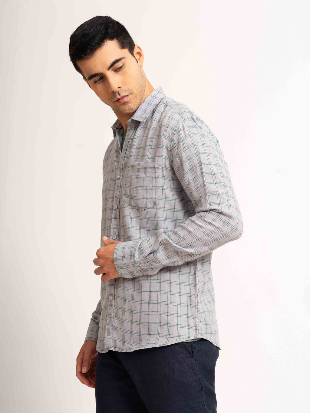 ST4U Men's Pure Linen Full Sleeve Checked Shirt – Green Grey Checks