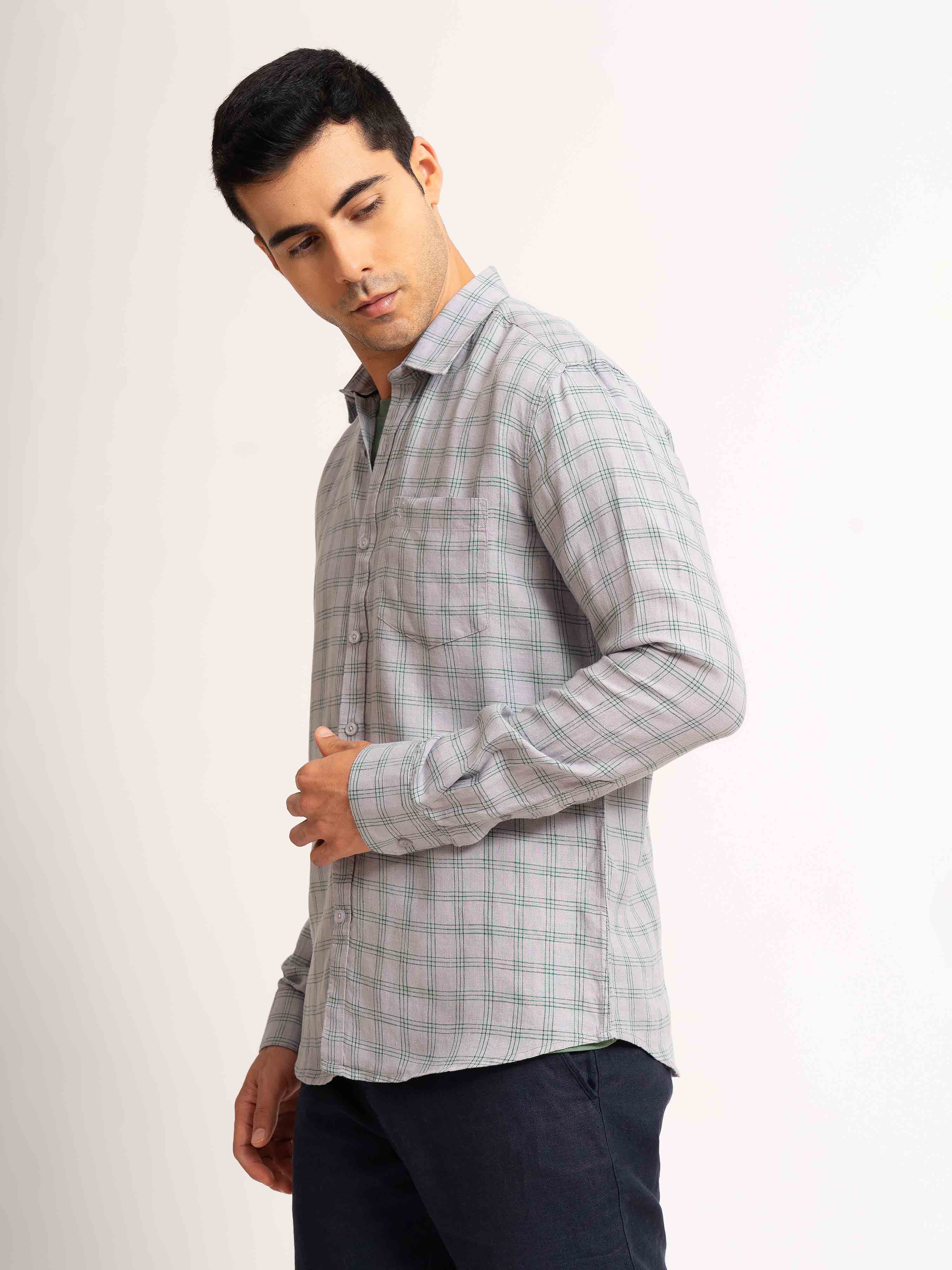 ST4U Men's Pure Linen Full Sleeve Checked Shirt – Green Grey Checks