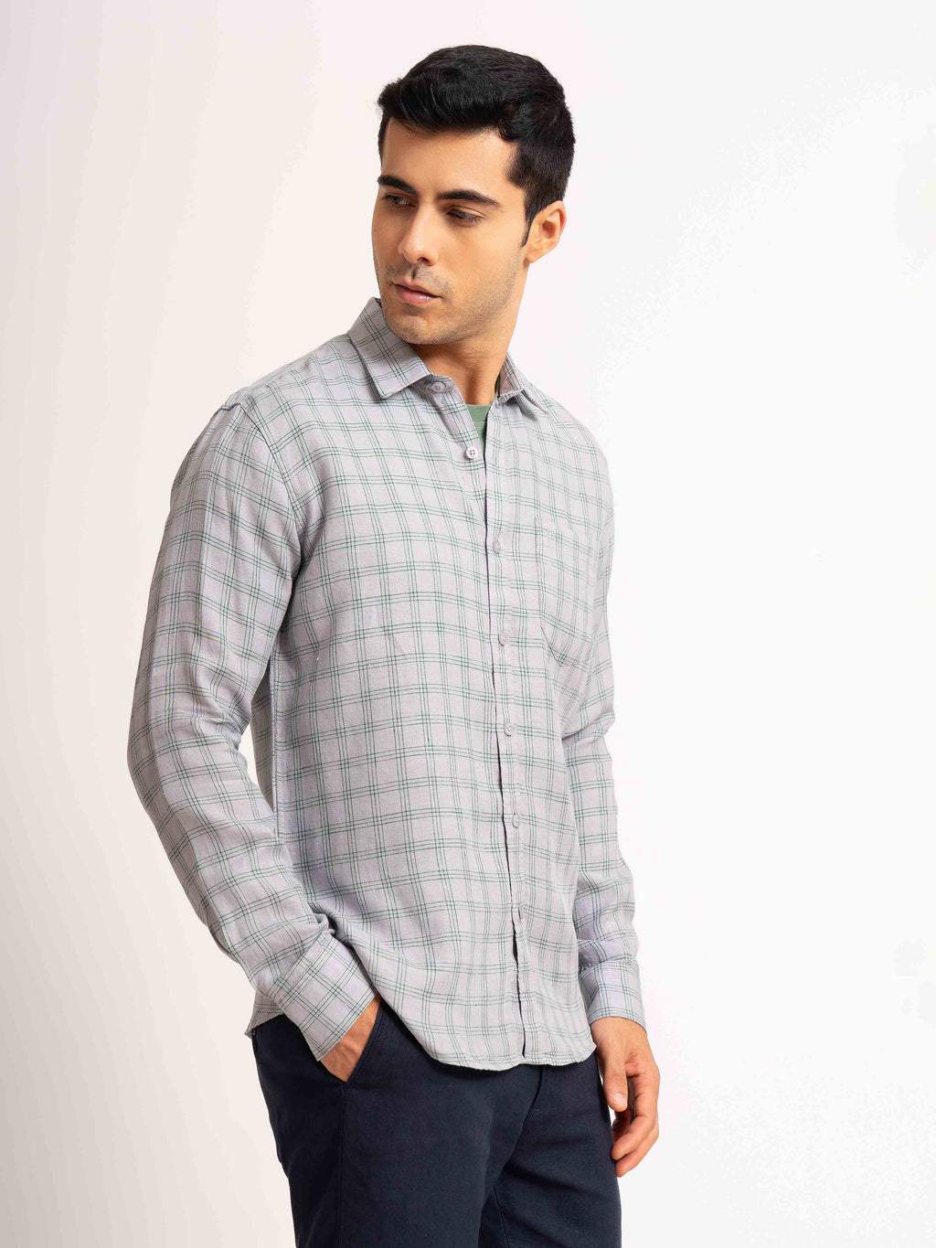ST4U Men's Pure Linen Full Sleeve Checked Shirt – Green Grey Checks