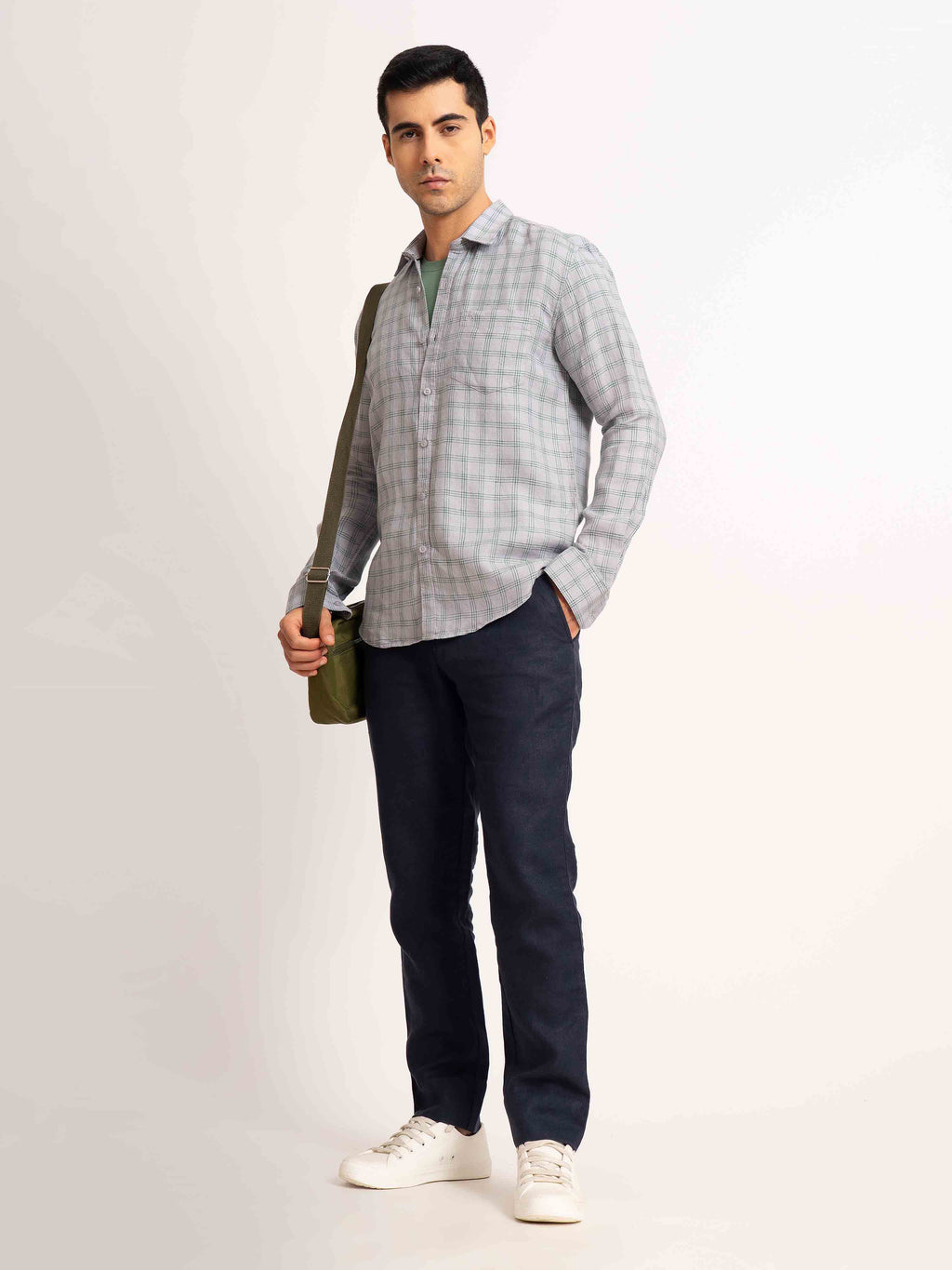 ST4U Men's Pure Linen Full Sleeve Checked Shirt – Green Grey Checks