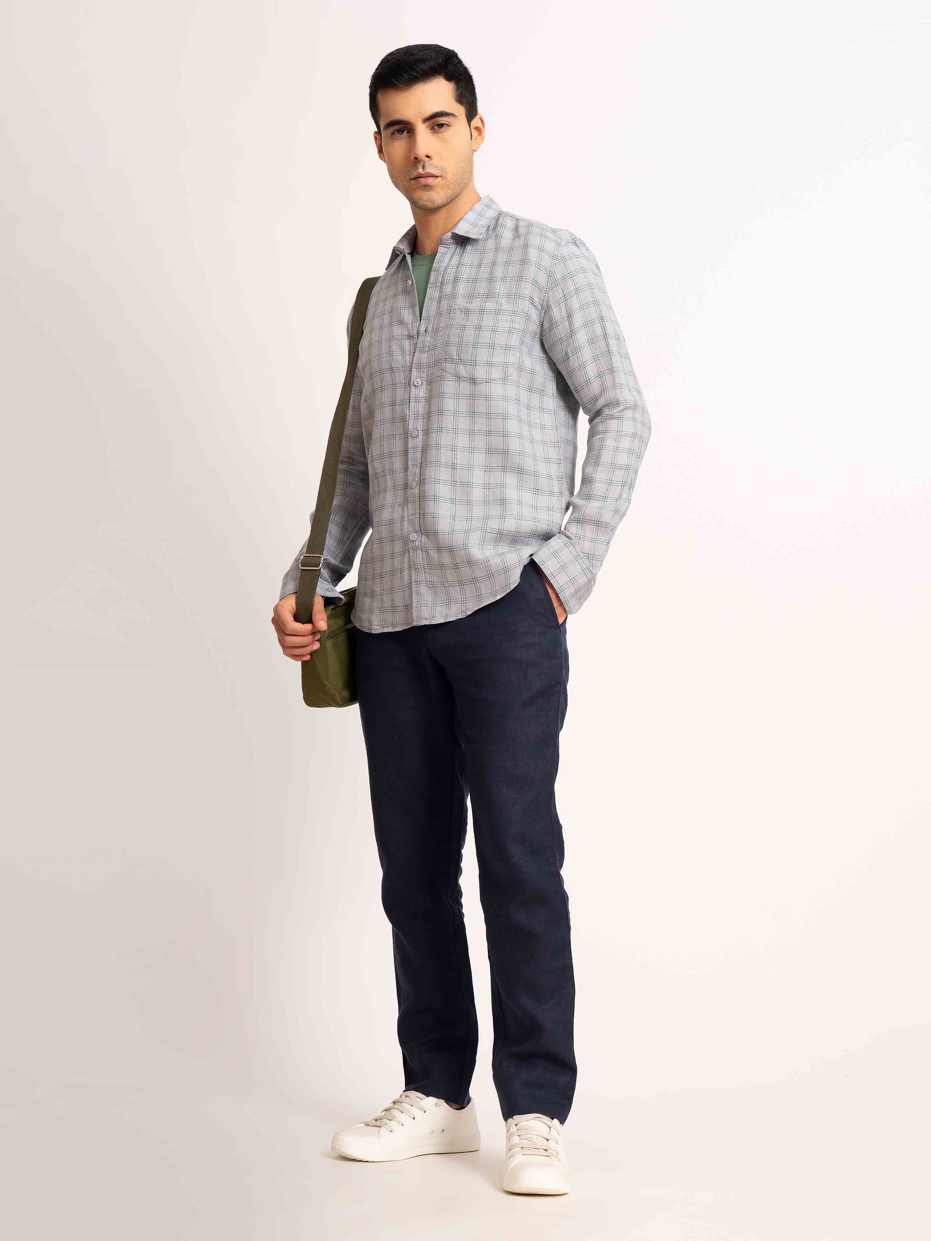 ST4U Men's Pure Linen Full Sleeve Checked Shirt – Green Grey Checks