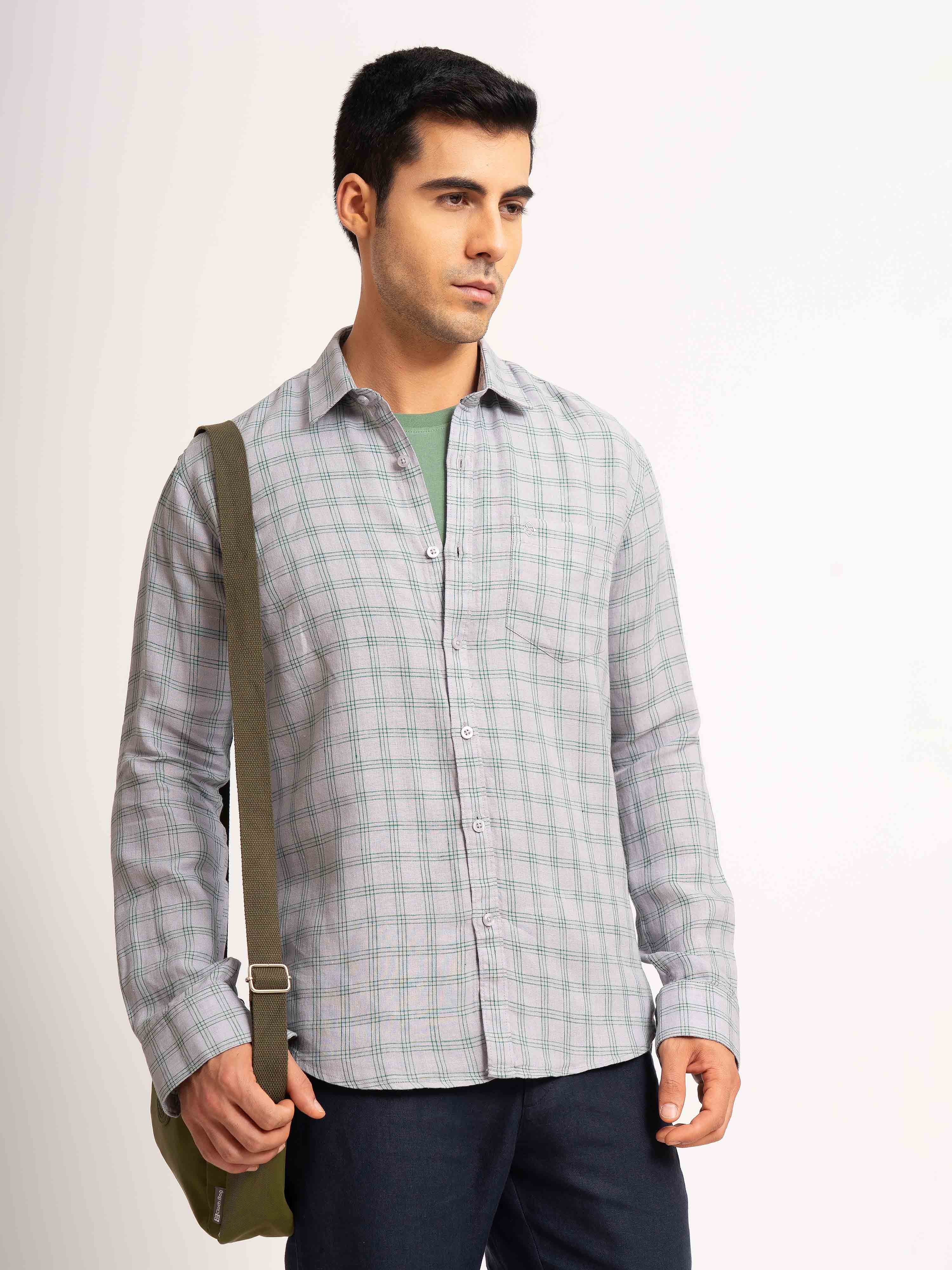 ST4U Men's Pure Linen Full Sleeve Checked Shirt – Green Grey Checks