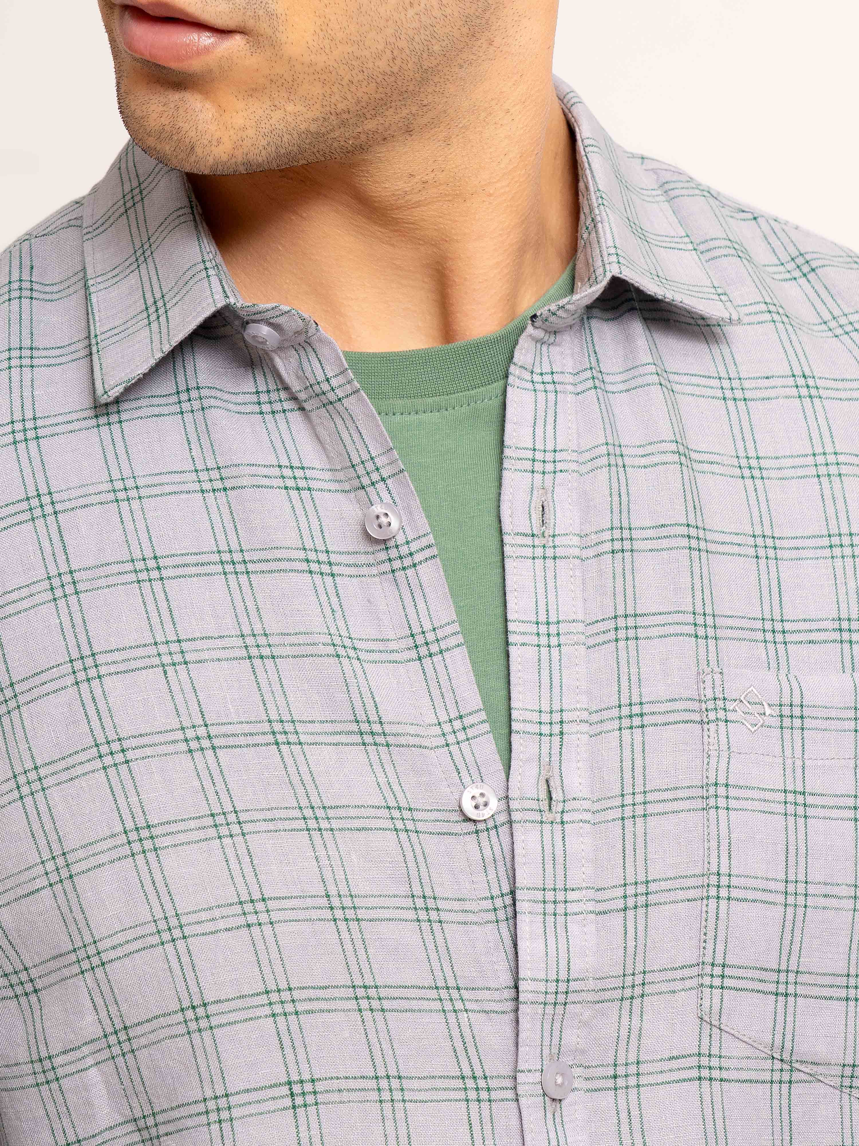 ST4U Men's Pure Linen Full Sleeve Checked Shirt – Green Grey Checks