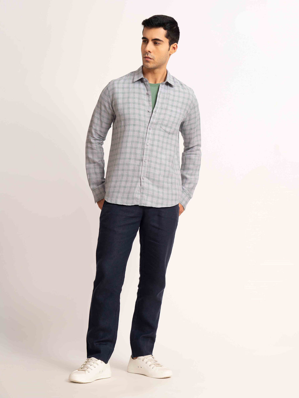 ST4U Men's Pure Linen Full Sleeve Checked Shirt – Green Grey Checks