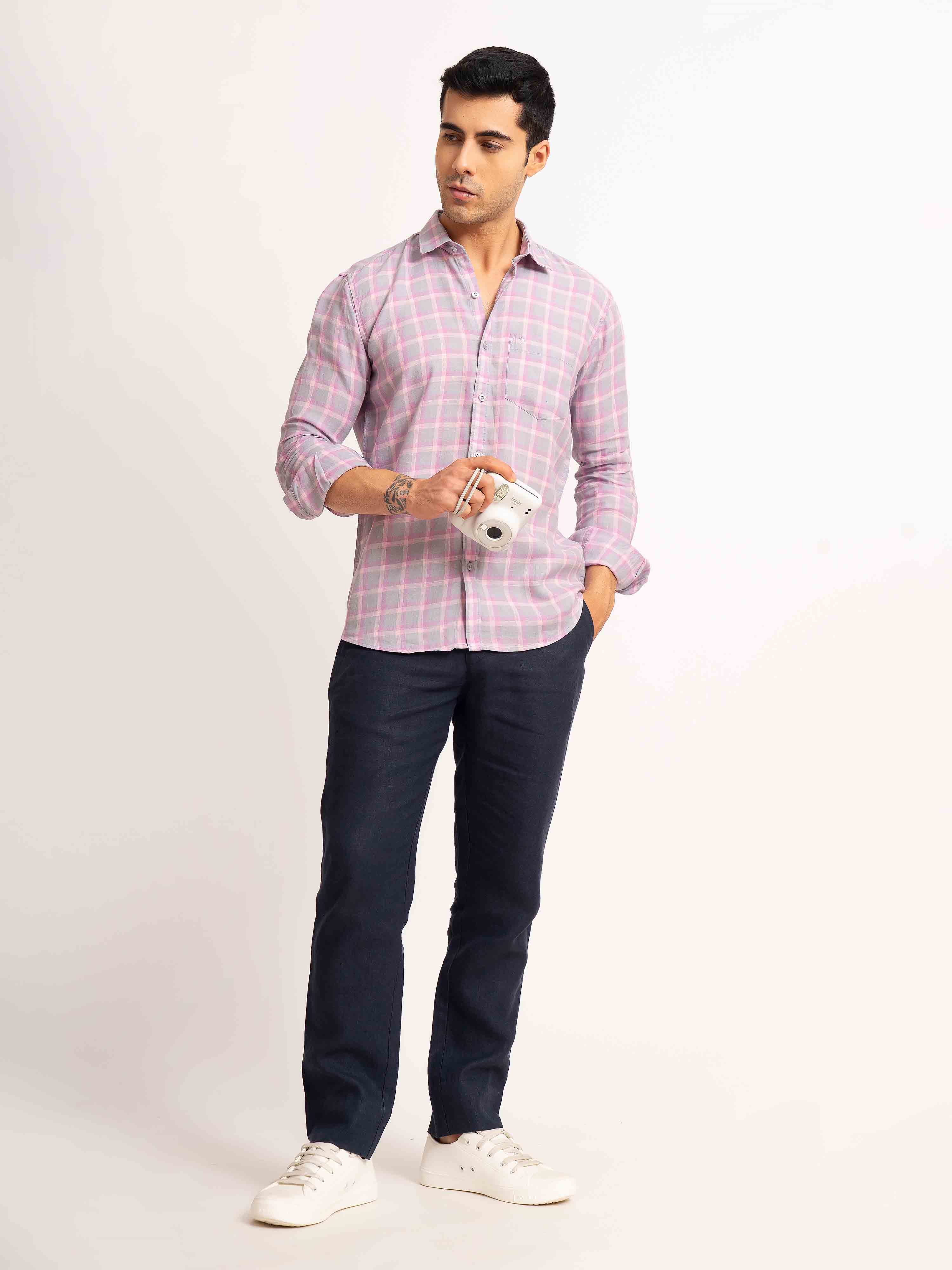 ST4U Men's Pure Linen Full Sleeve Checked Shirt – Pink Checks