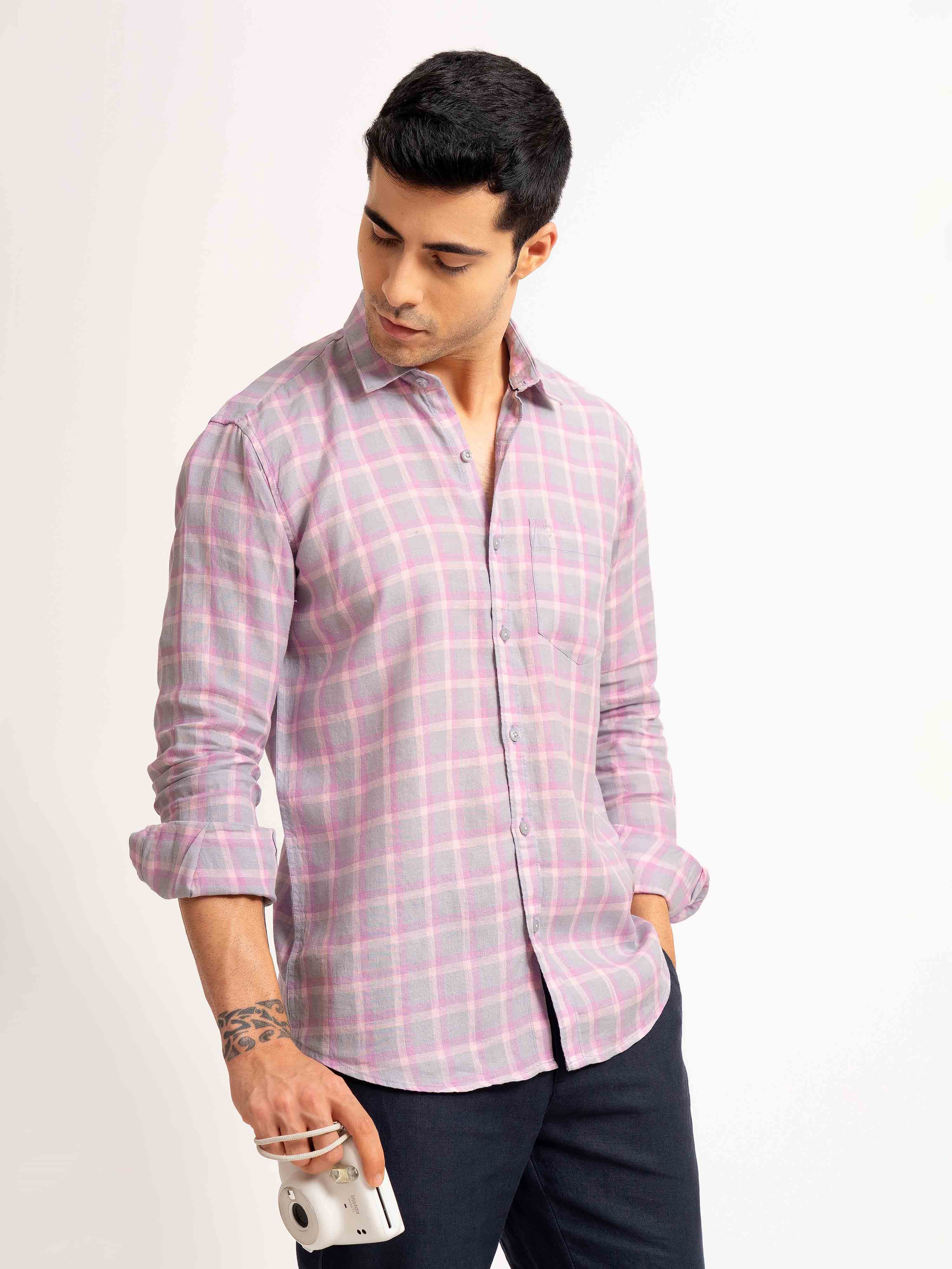 ST4U Men's Pure Linen Full Sleeve Checked Shirt – Pink Checks