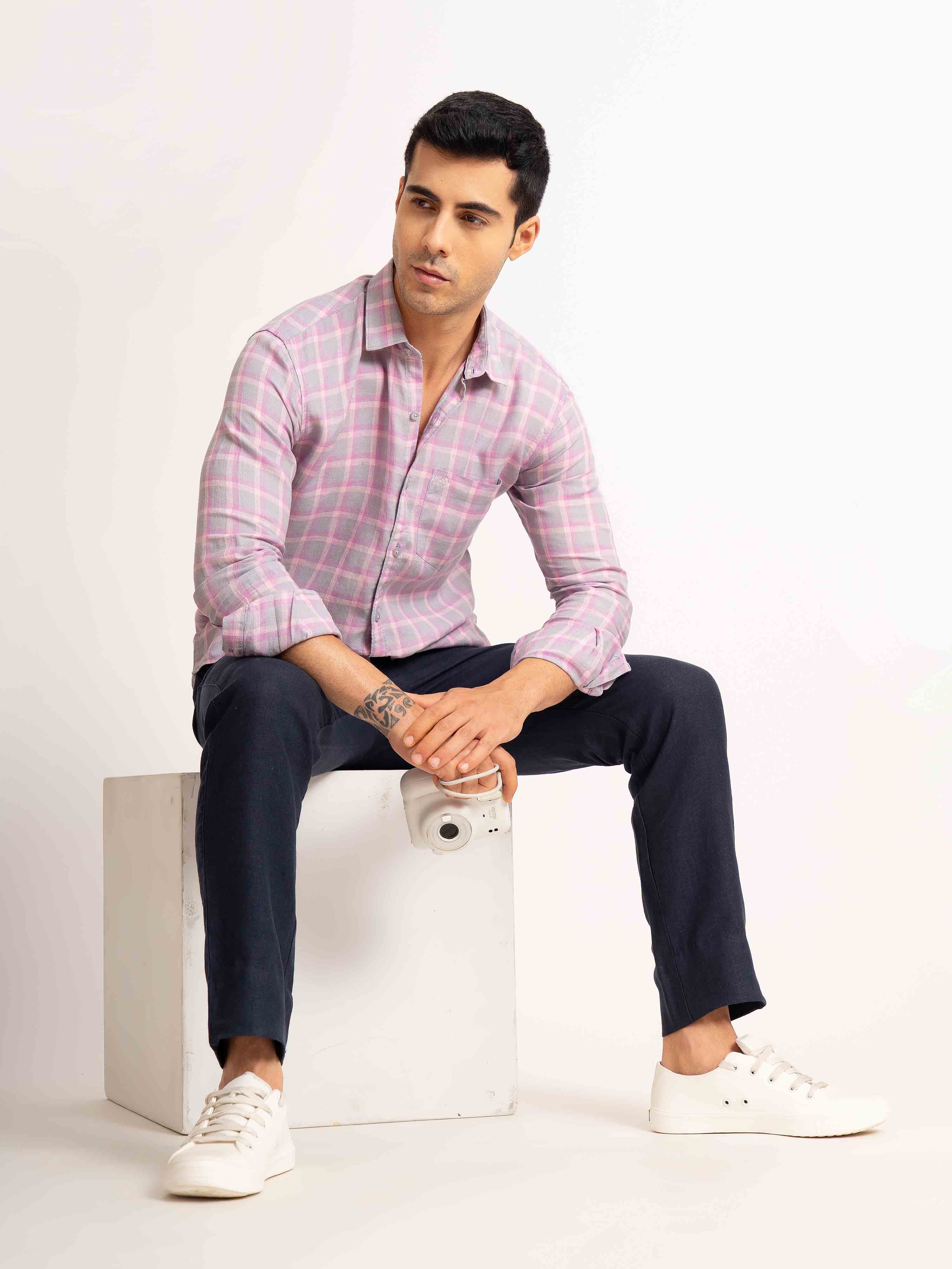 ST4U Men's Pure Linen Full Sleeve Checked Shirt – Pink Checks