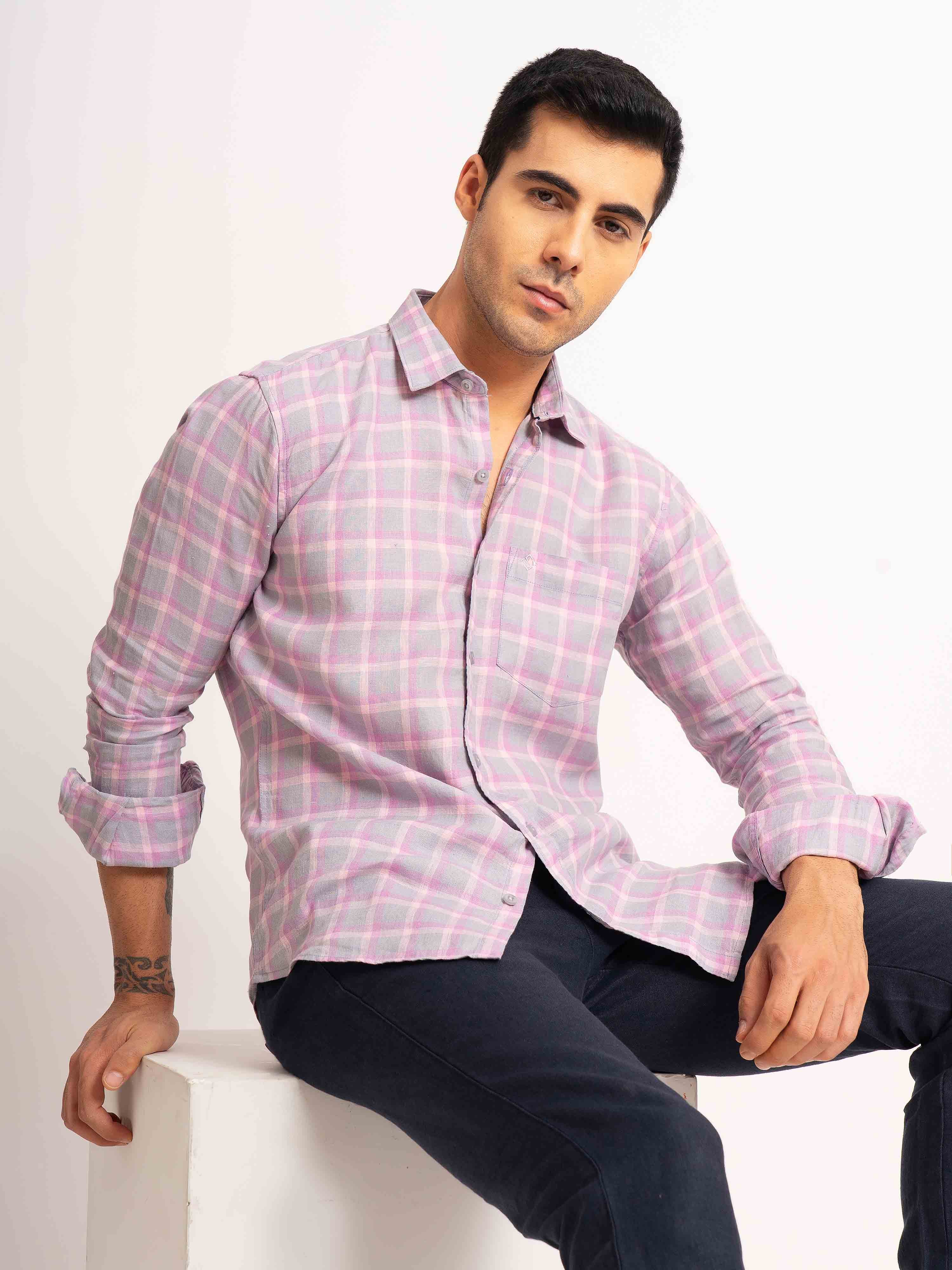 ST4U Men's Pure Linen Full Sleeve Checked Shirt – Pink Checks