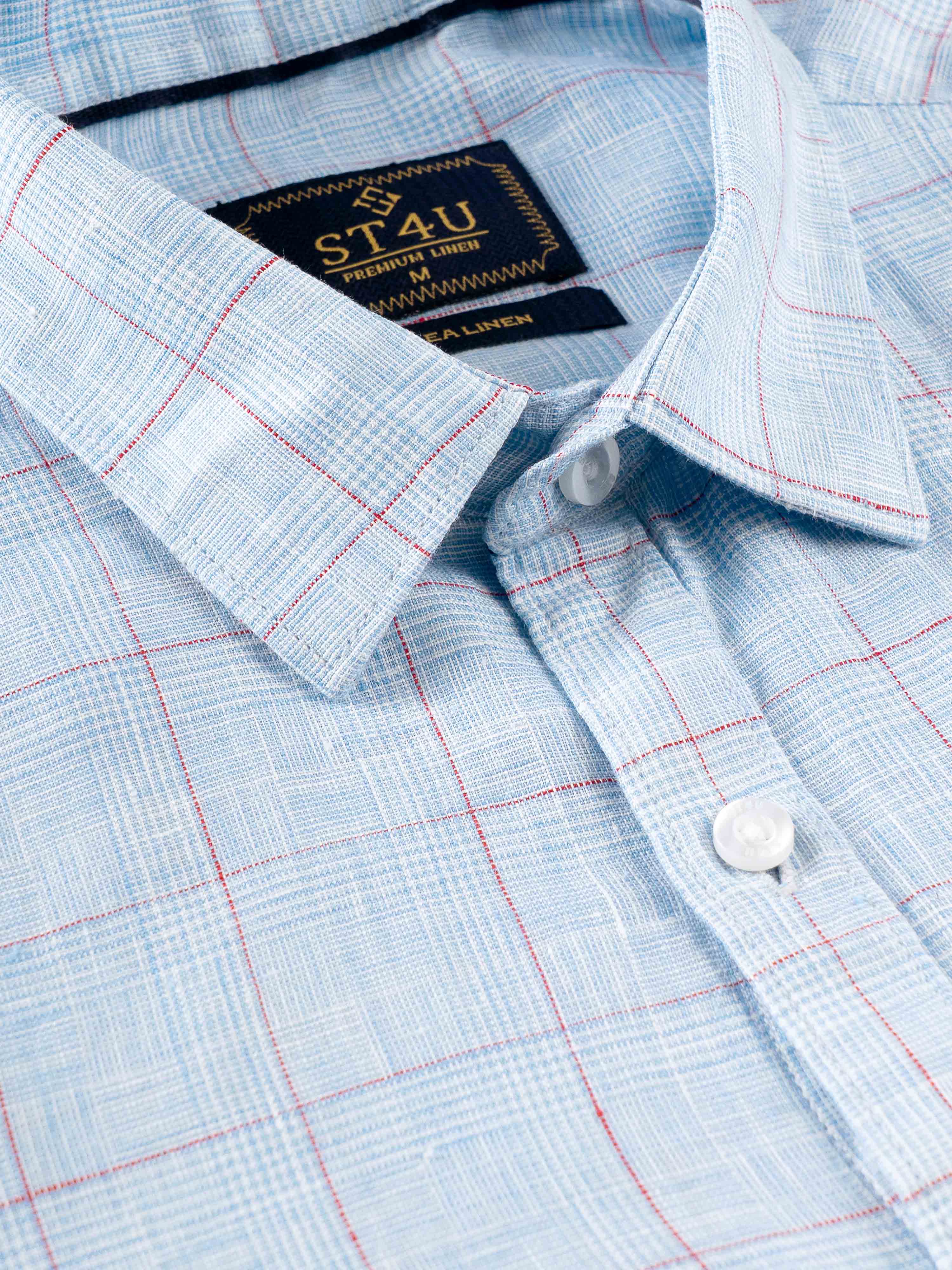 ST4U Men's Pure Linen Full Sleeve Checked Shirt – Sky Blue Checks