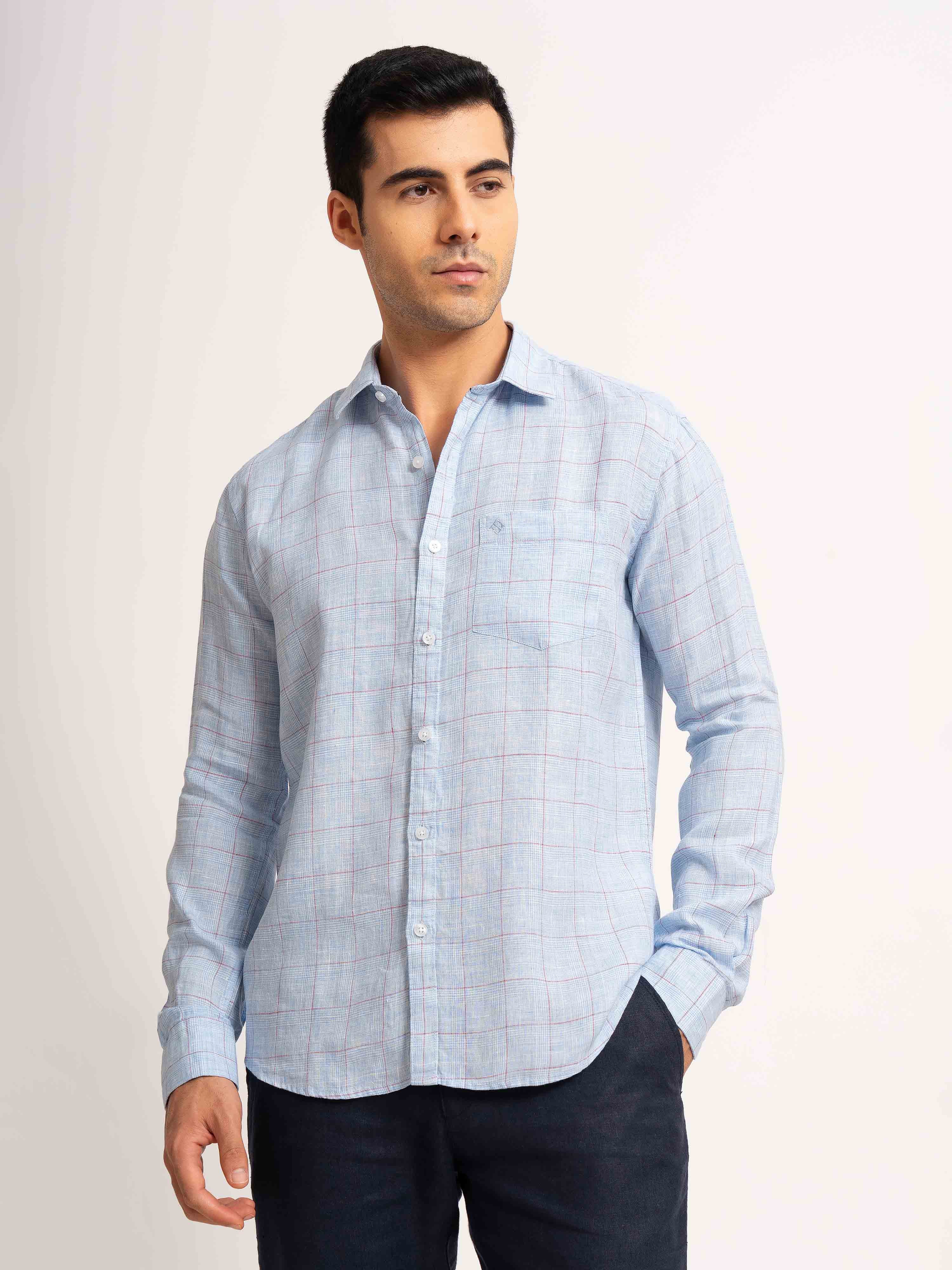 ST4U Men's Pure Linen Full Sleeve Checked Shirt – Sky Blue Checks