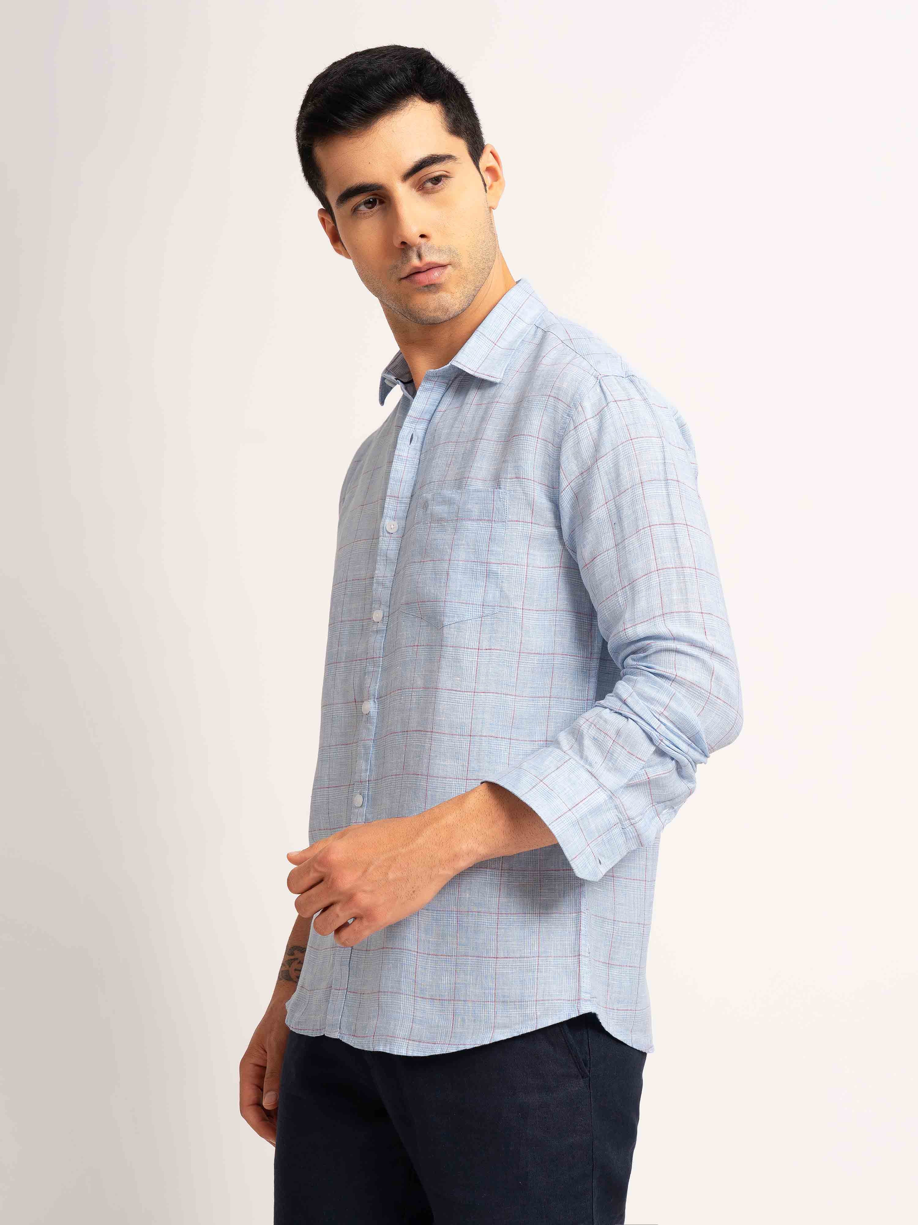 ST4U Men's Pure Linen Full Sleeve Checked Shirt – Sky Blue Checks