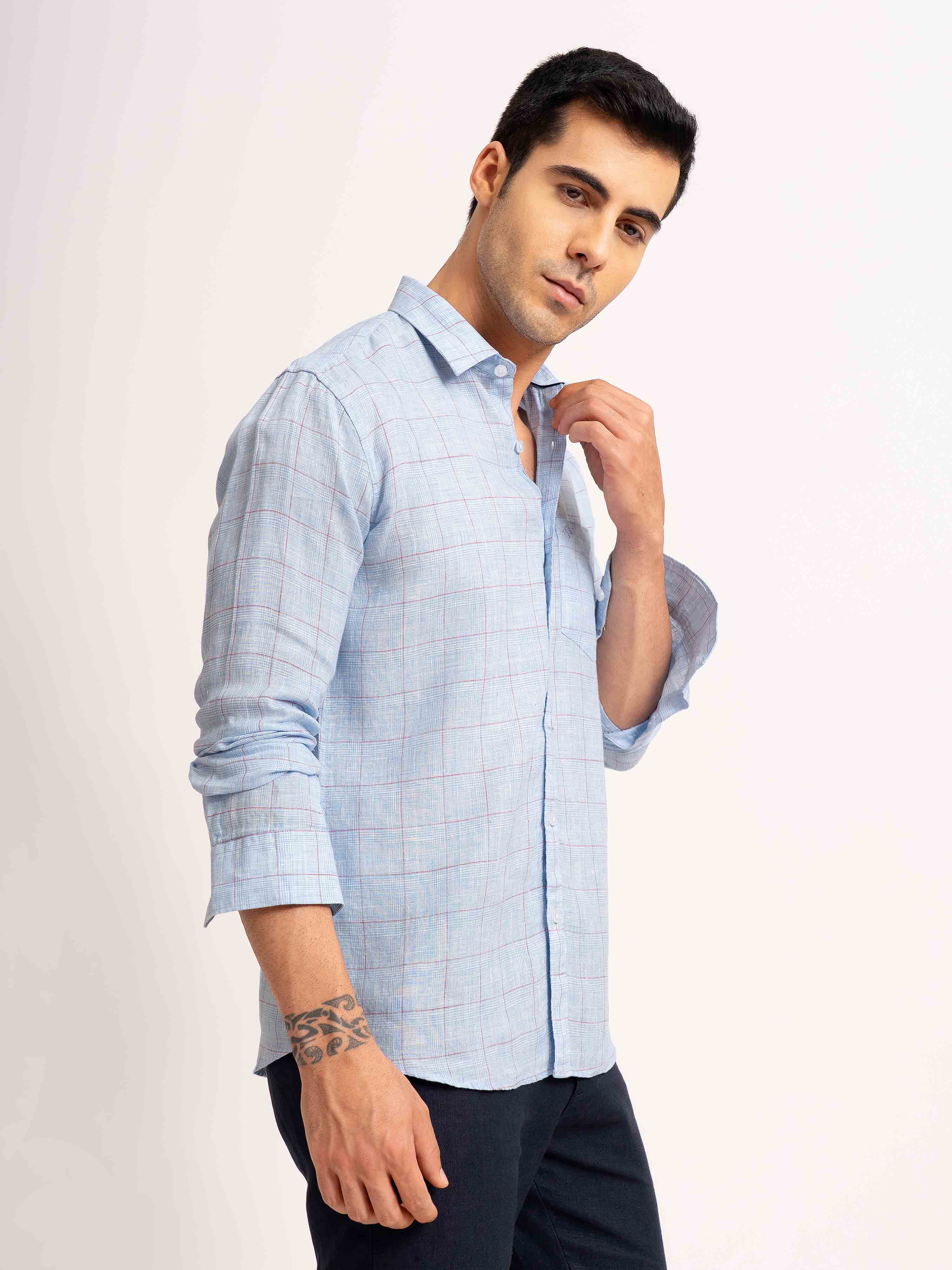 ST4U Men's Pure Linen Full Sleeve Checked Shirt – Sky Blue Checks