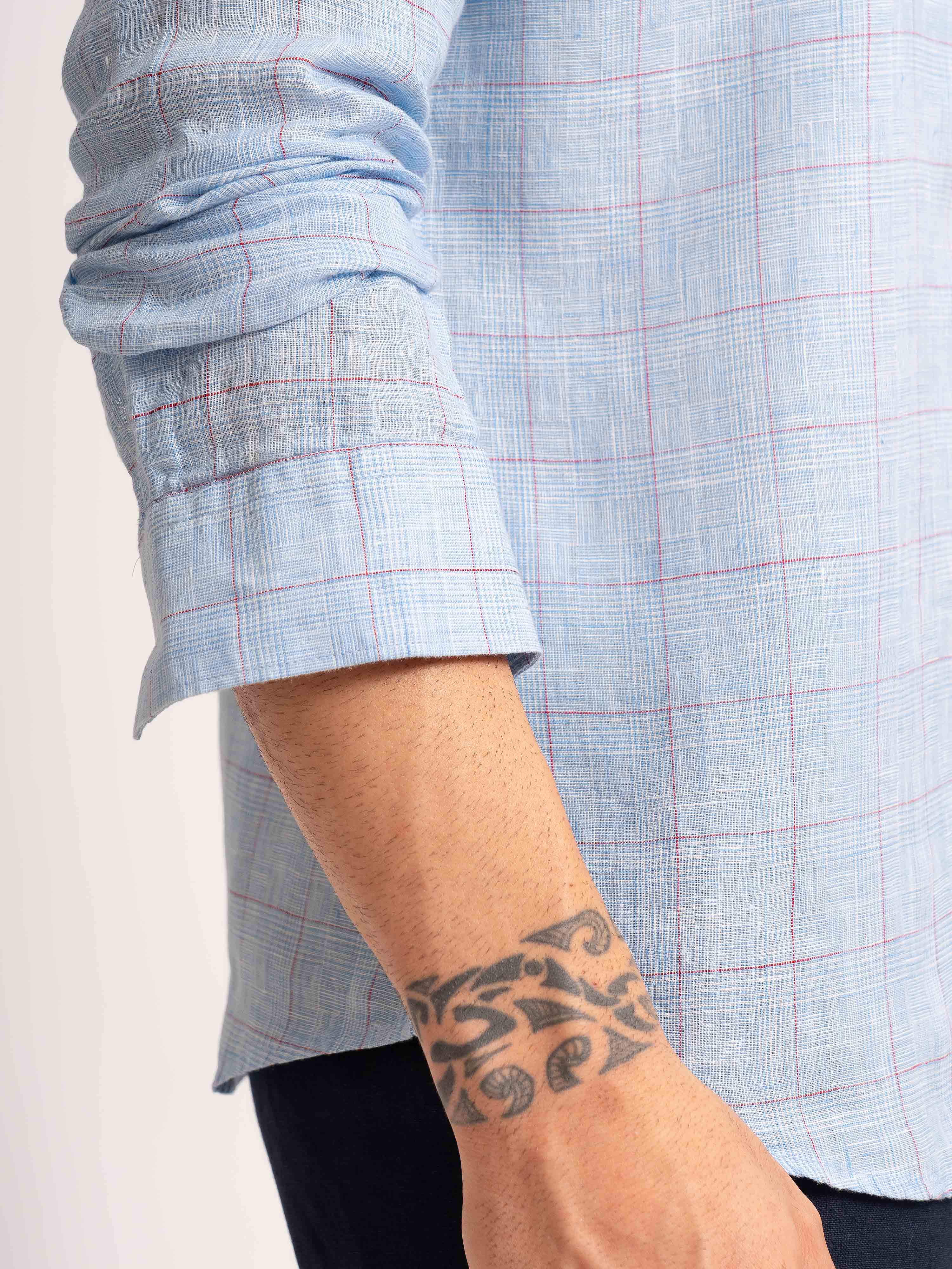 ST4U Men's Pure Linen Full Sleeve Checked Shirt – Sky Blue Checks