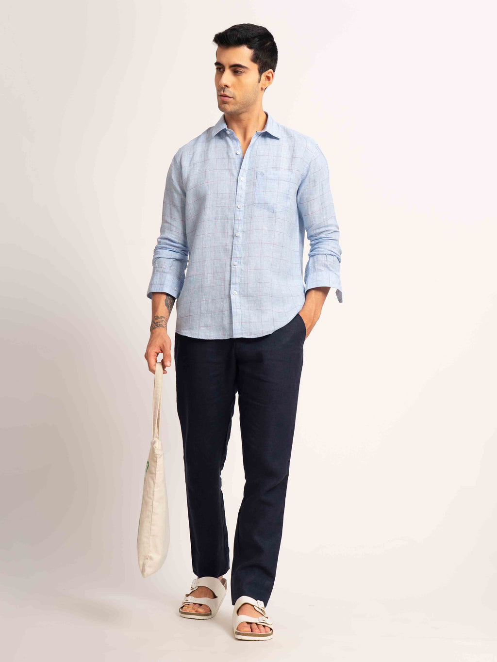 ST4U Men's Pure Linen Full Sleeve Checked Shirt – Sky Blue Checks