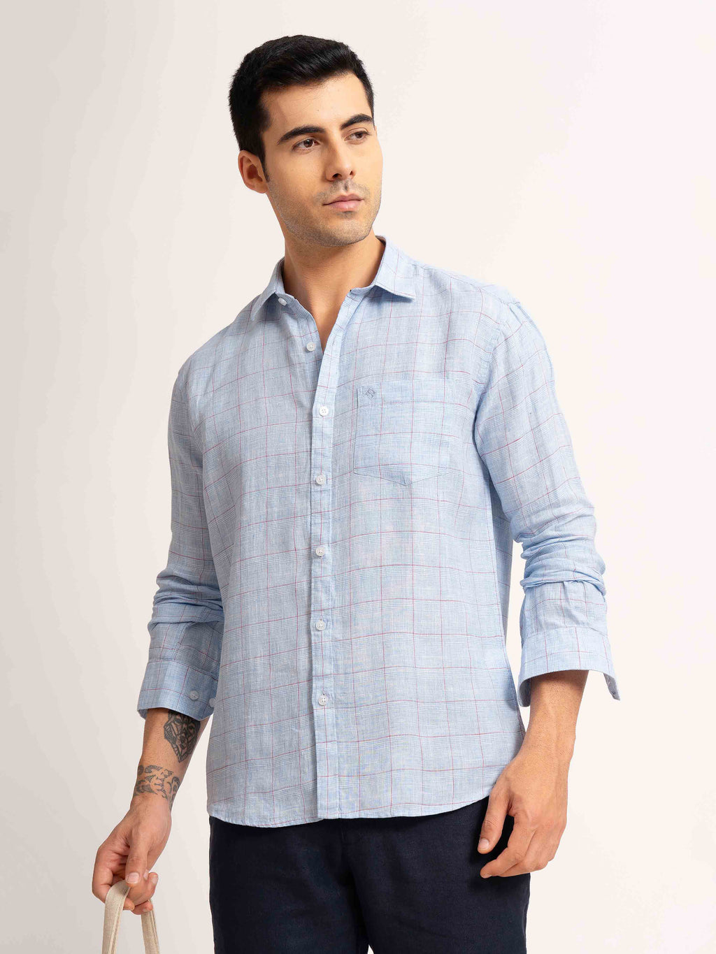 ST4U Men's Pure Linen Full Sleeve Checked Shirt – Sky Blue Checks