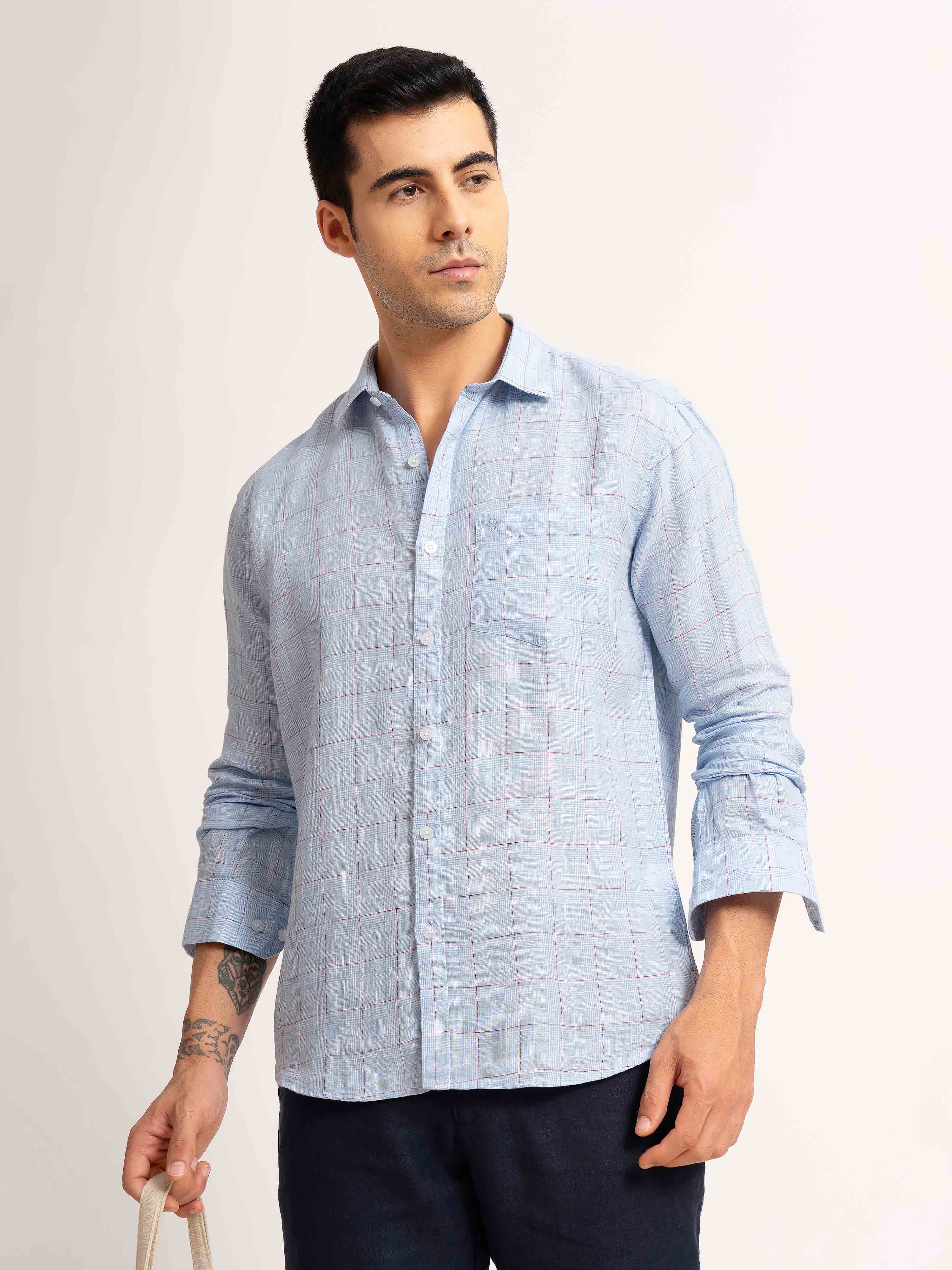 ST4U Men's Pure Linen Full Sleeve Checked Shirt – Sky Blue Checks