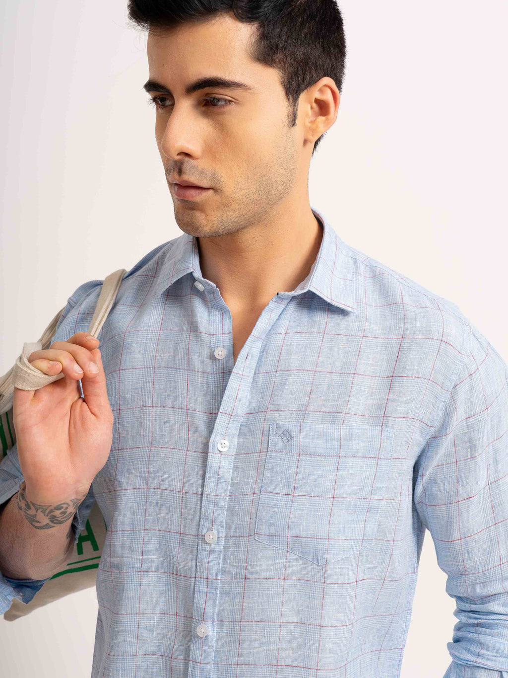 ST4U Men's Pure Linen Full Sleeve Checked Shirt – Sky Blue Checks
