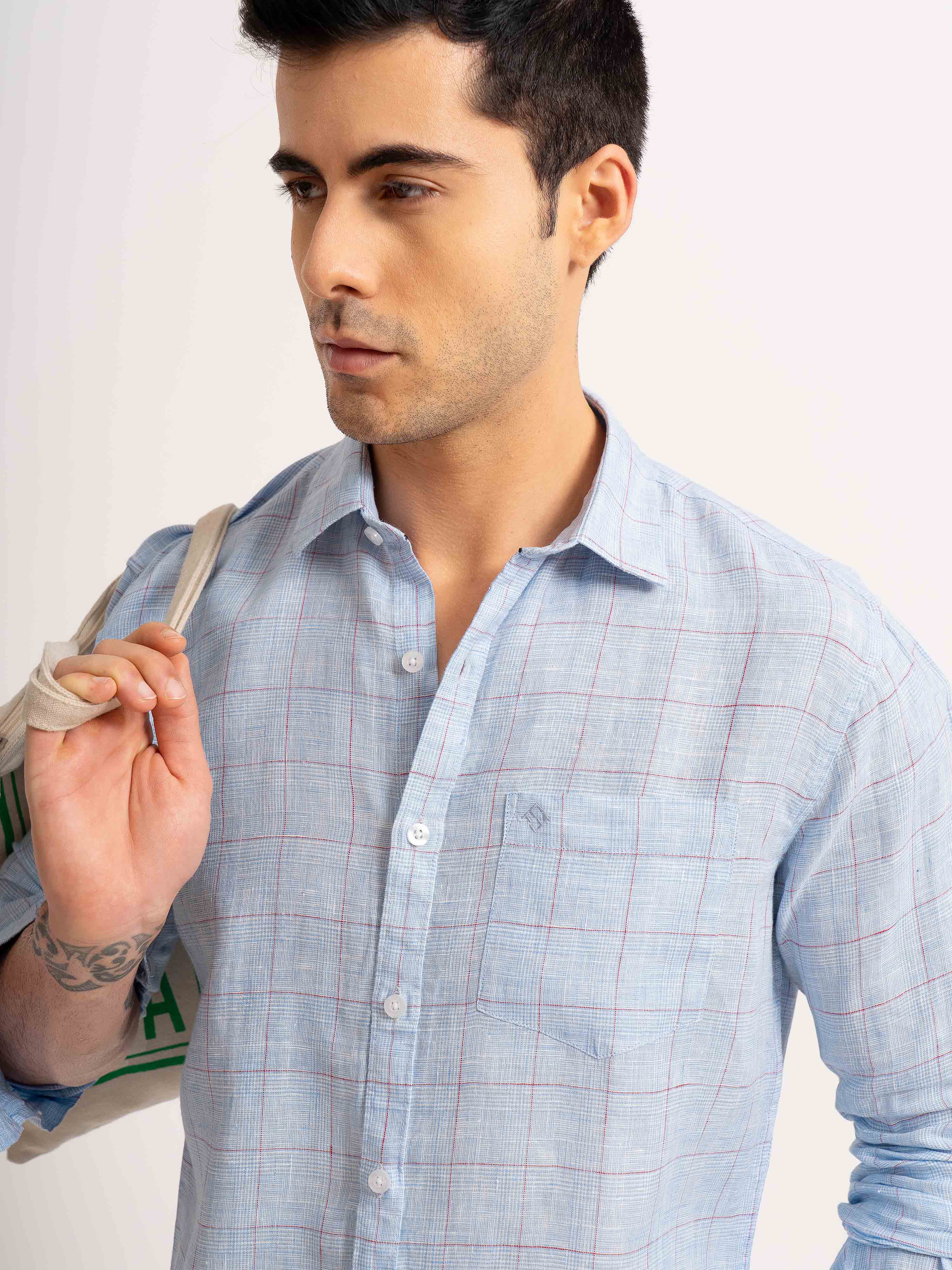 ST4U Men's Pure Linen Full Sleeve Checked Shirt – Sky Blue Checks
