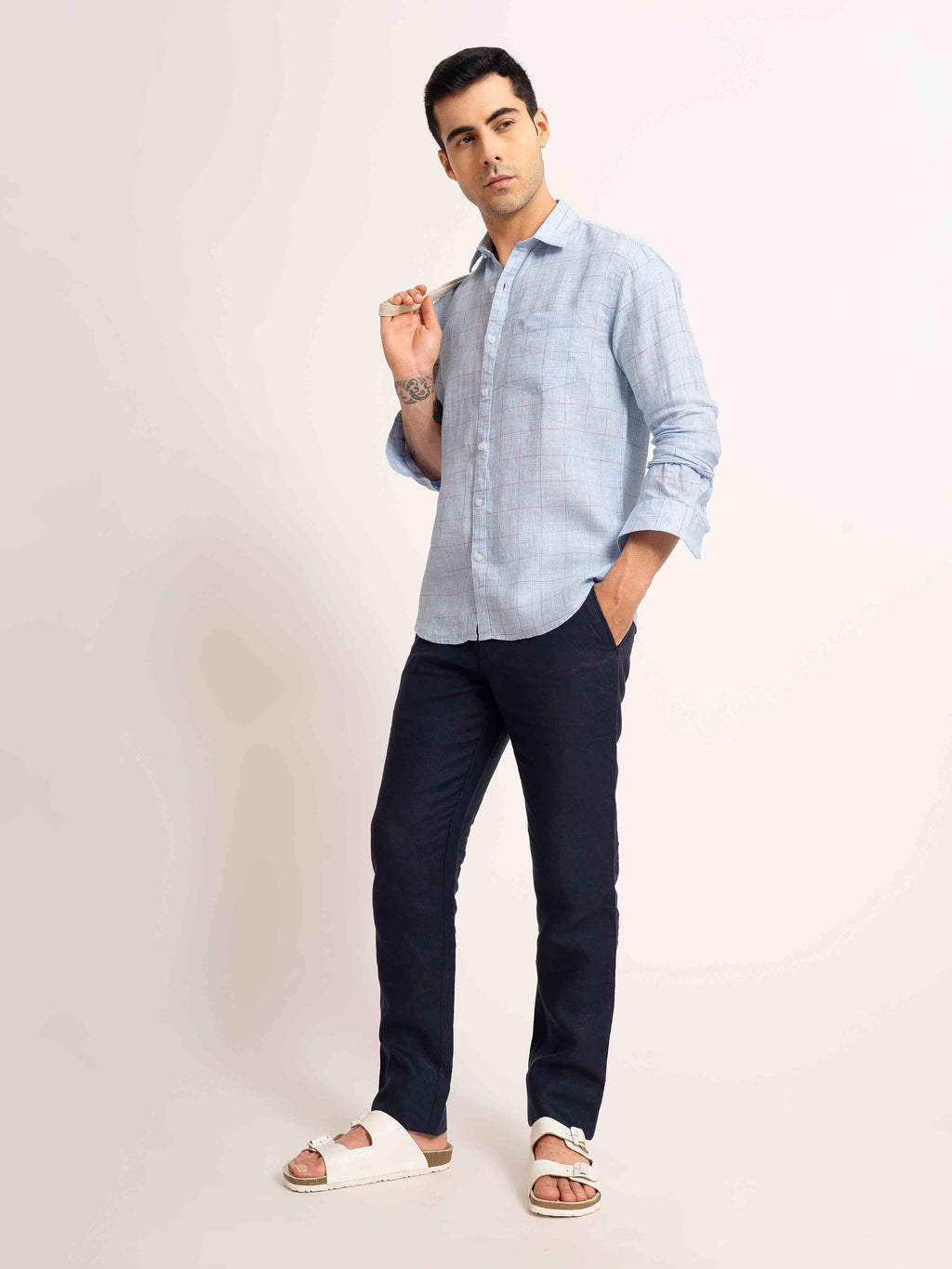 ST4U Men's Pure Linen Full Sleeve Checked Shirt – Sky Blue Checks