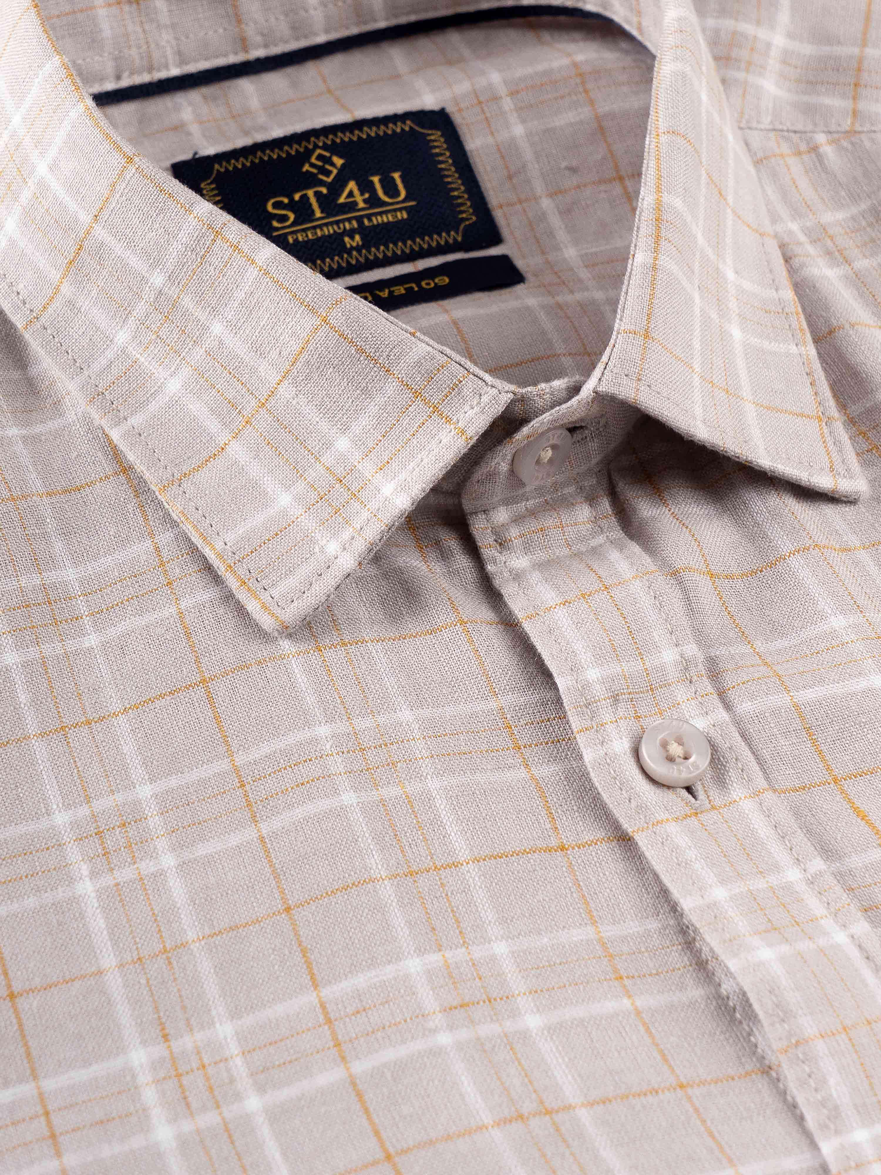 ST4U Men's Pure Linen Full Sleeve Checked Shirt – Mustard Grey Checks
