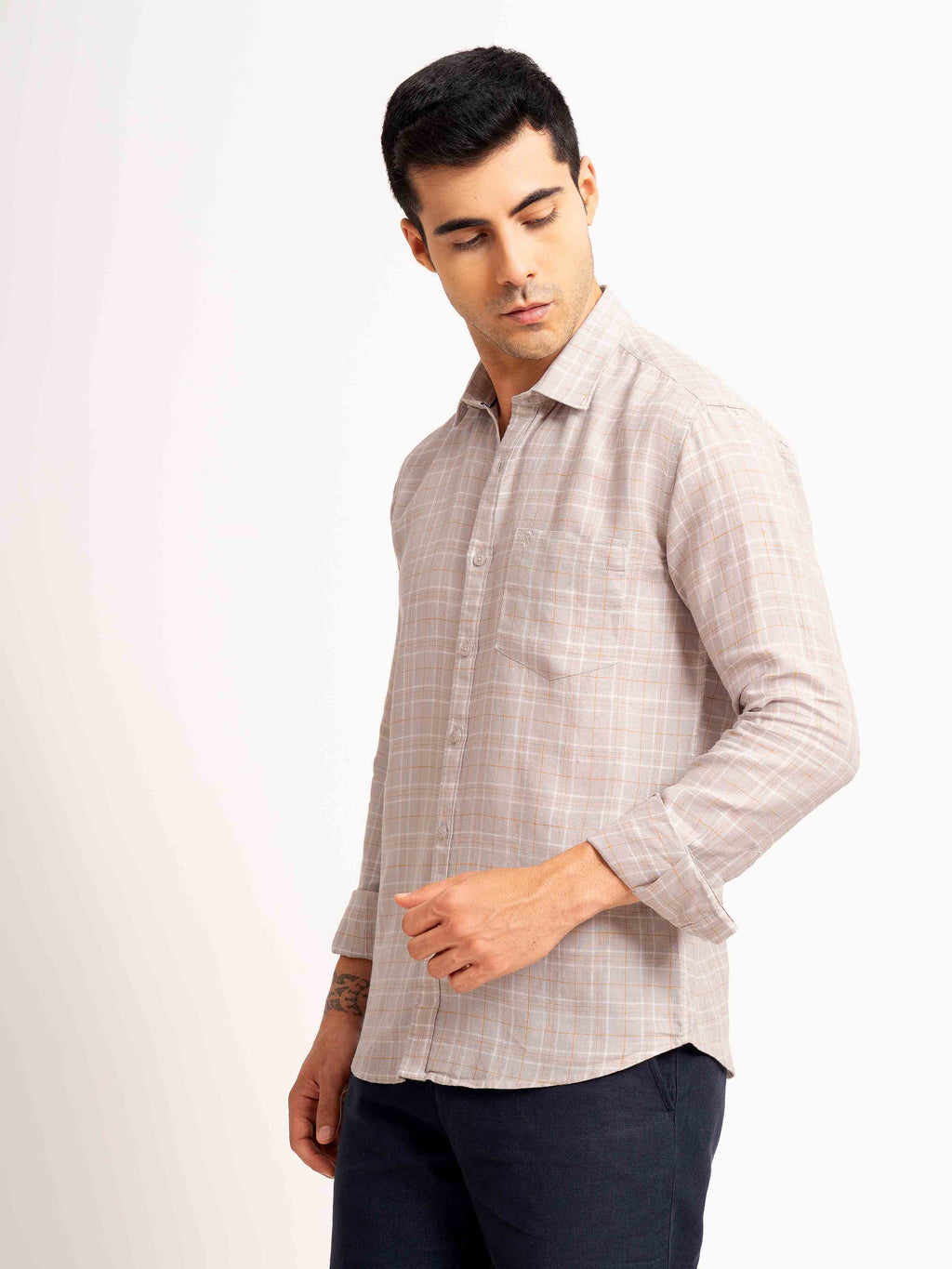 ST4U Men's Pure Linen Full Sleeve Checked Shirt – Mustard Grey Checks