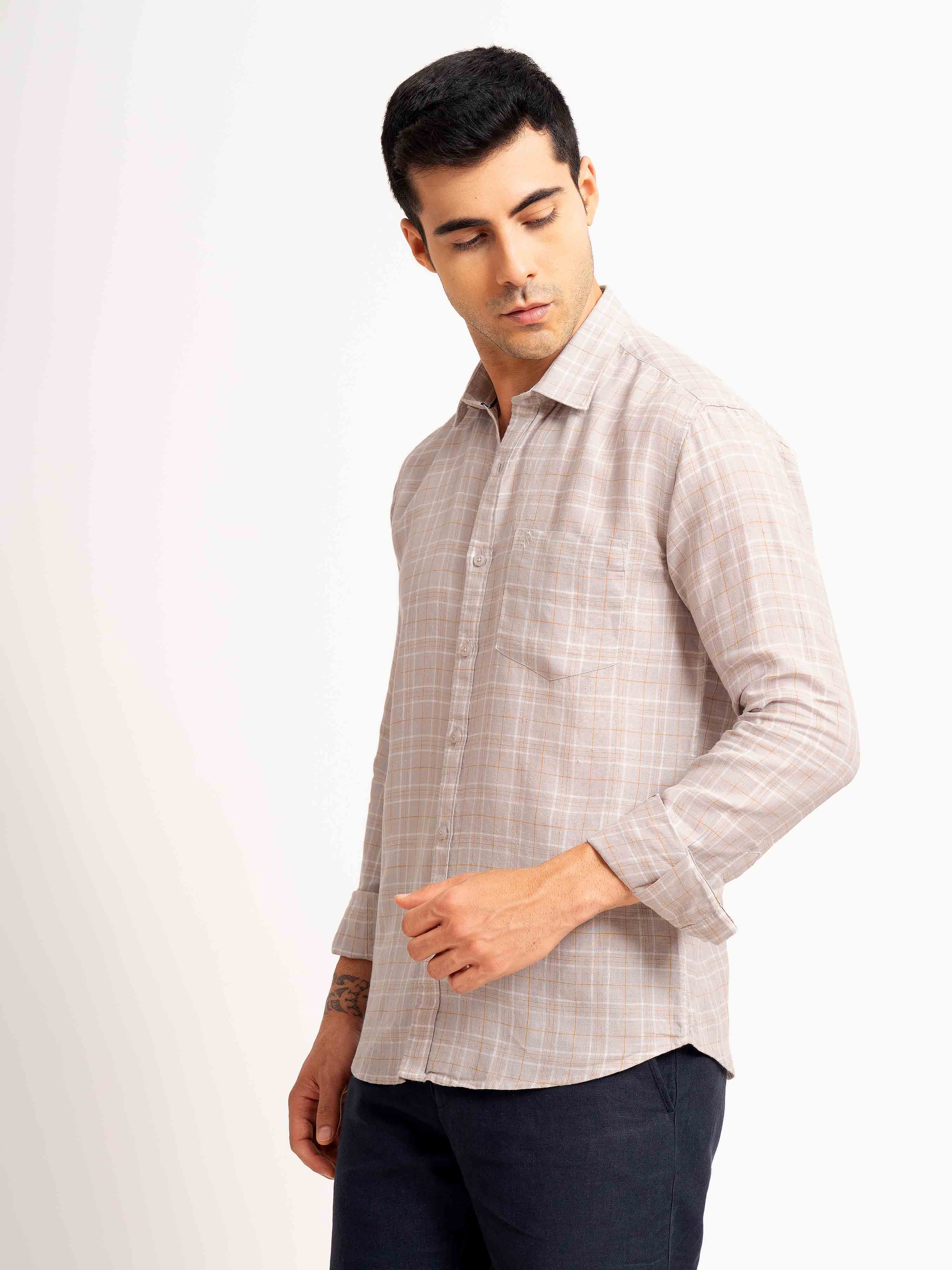 ST4U Men's Pure Linen Full Sleeve Checked Shirt – Mustard Grey Checks