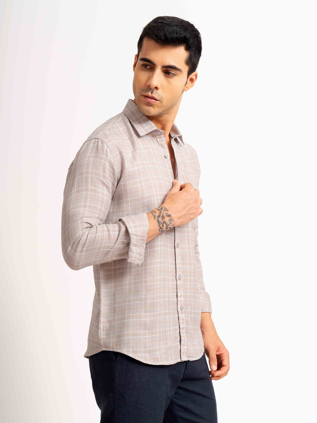 ST4U Men's Pure Linen Full Sleeve Checked Shirt – Mustard Grey Checks