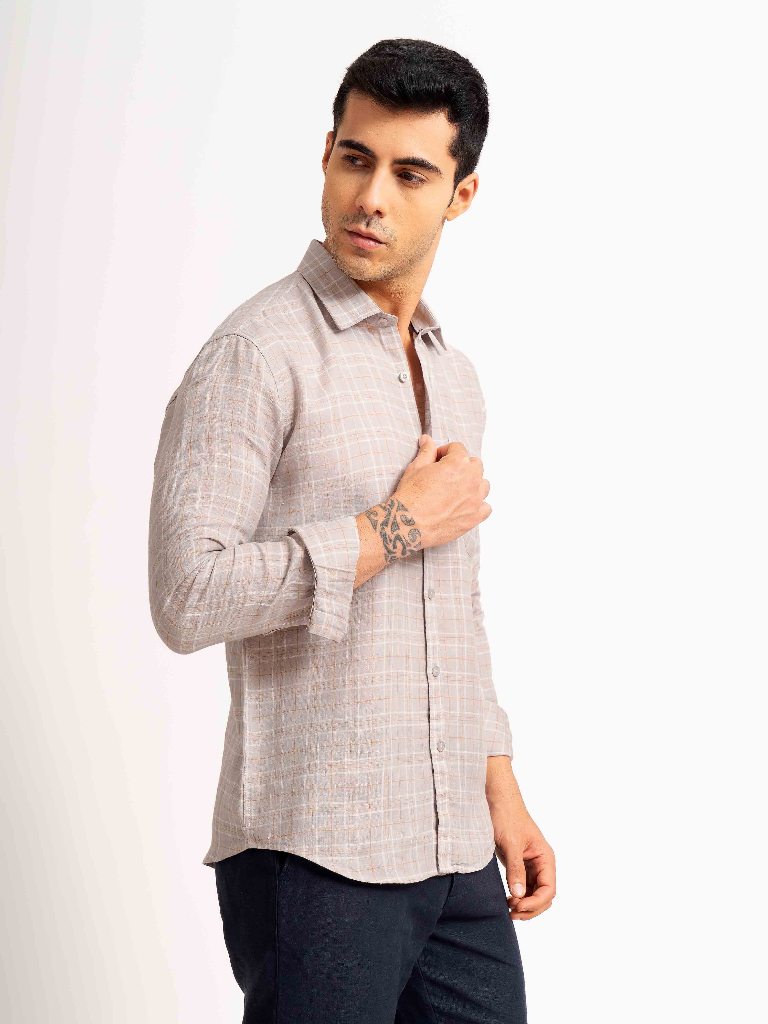 ST4U Men's Pure Linen Full Sleeve Checked Shirt – Mustard Grey Checks