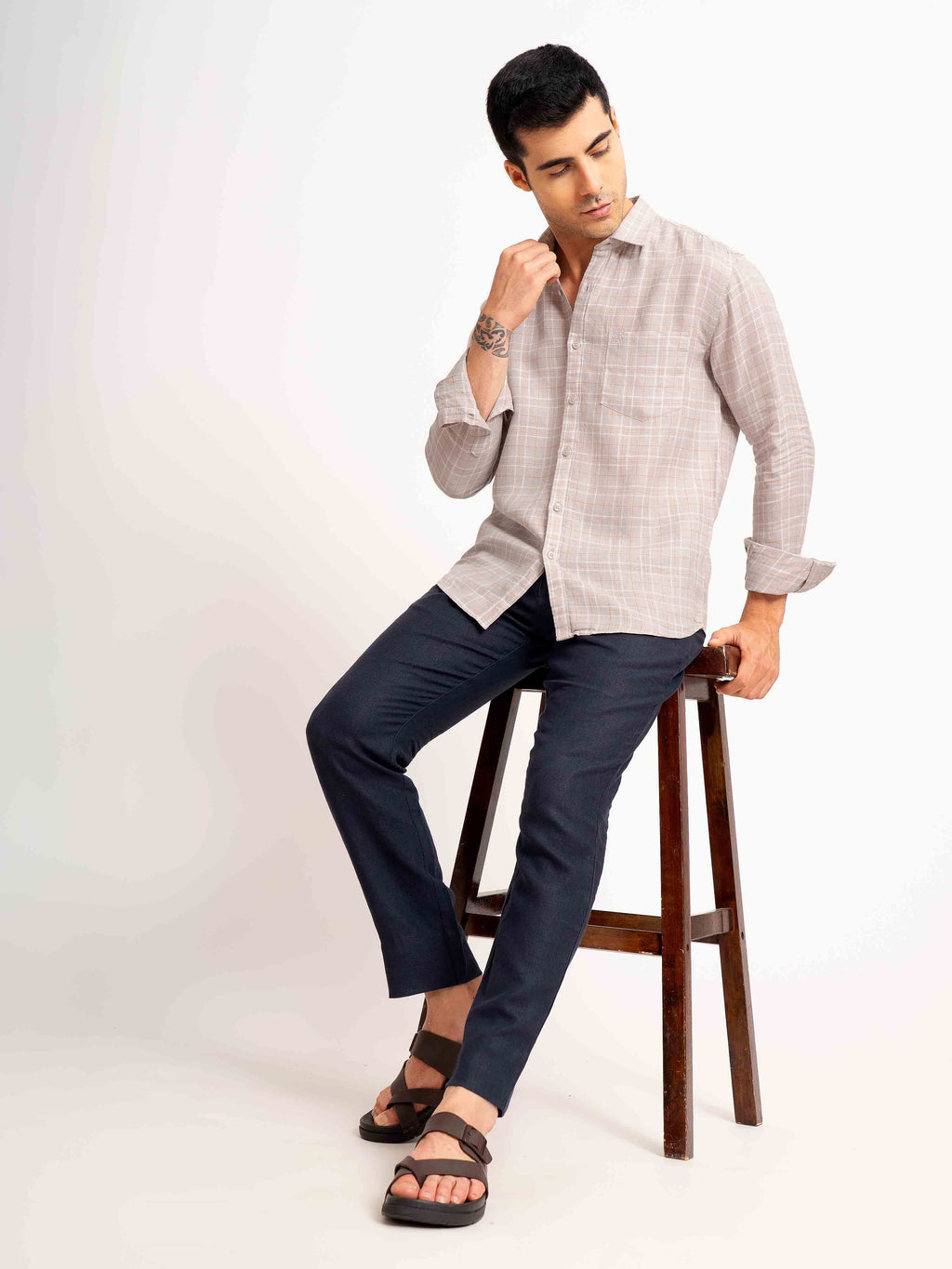 ST4U Men's Pure Linen Full Sleeve Checked Shirt – Mustard Grey Checks