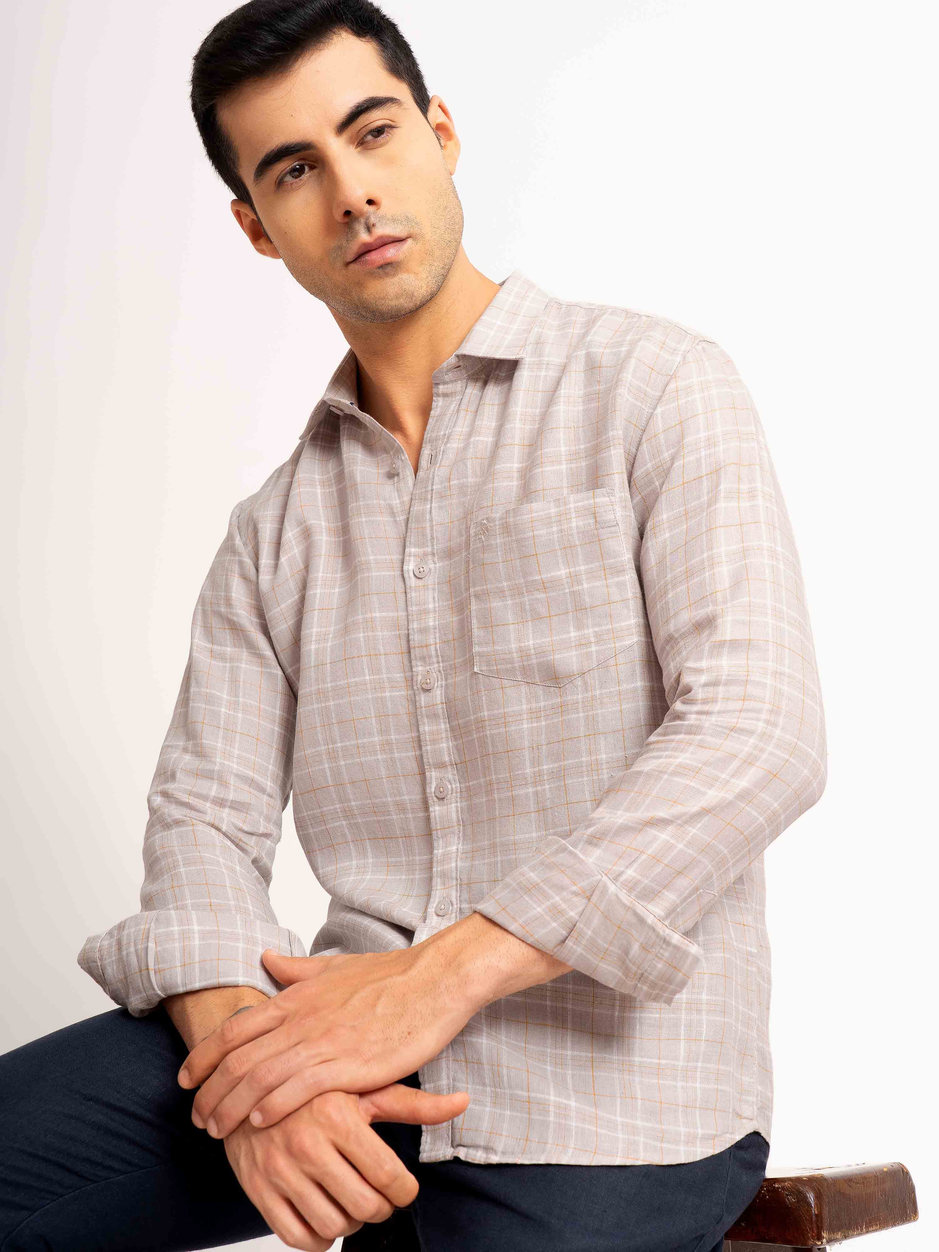 ST4U Men's Pure Linen Full Sleeve Checked Shirt – Mustard Grey Checks