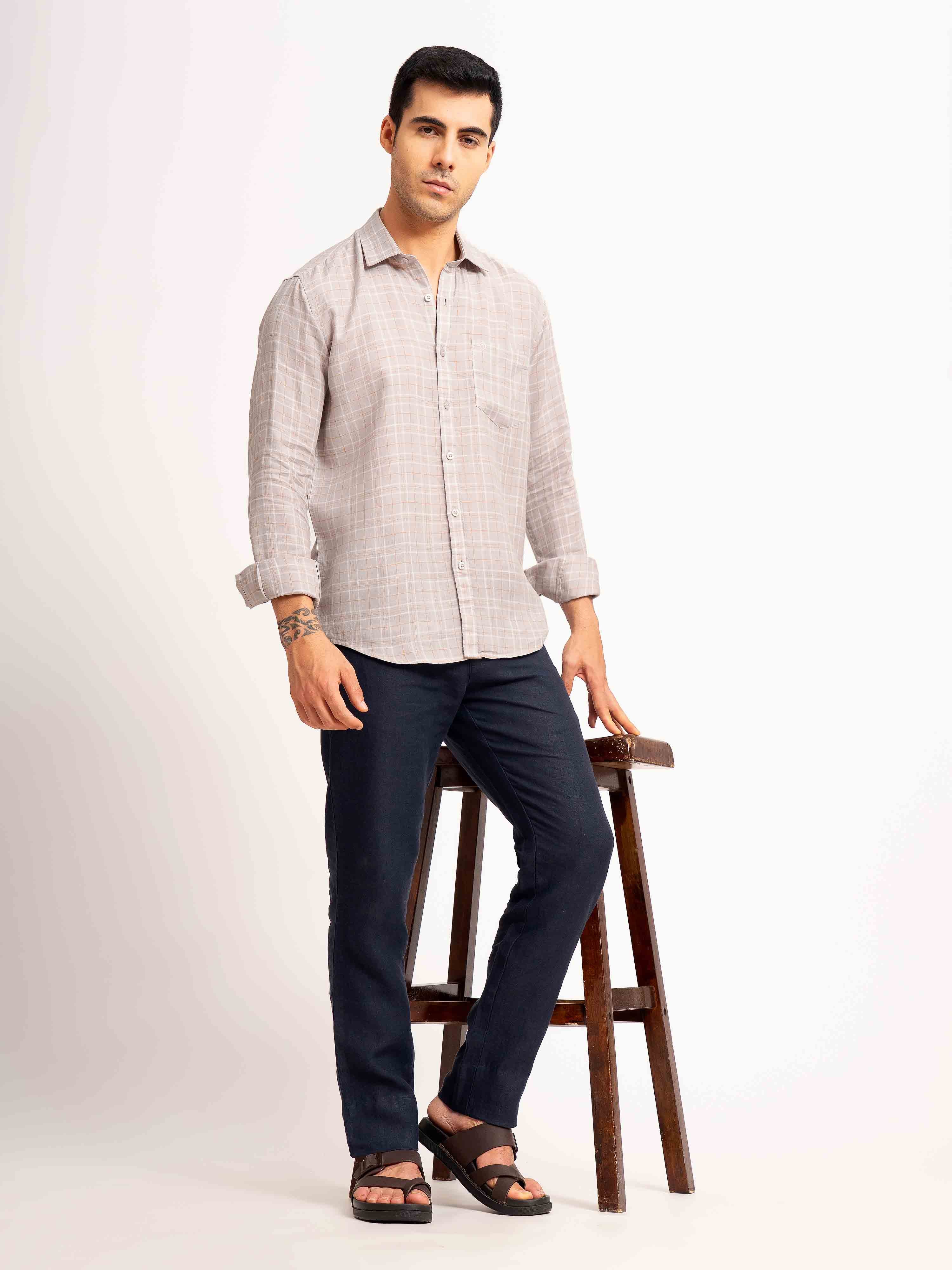 ST4U Men's Pure Linen Full Sleeve Checked Shirt – Mustard Grey Checks