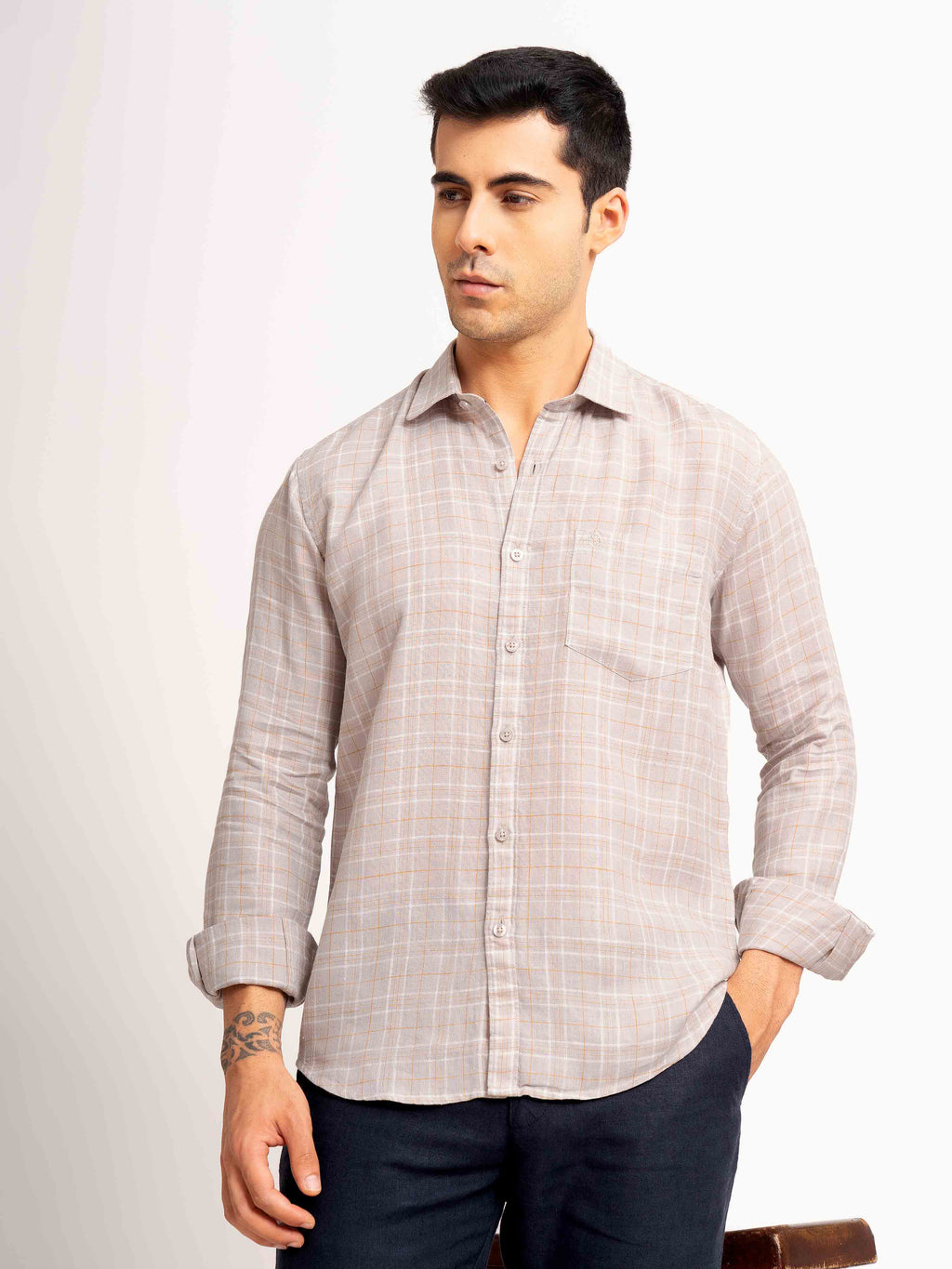 ST4U Men's Pure Linen Full Sleeve Checked Shirt – Mustard Grey Checks