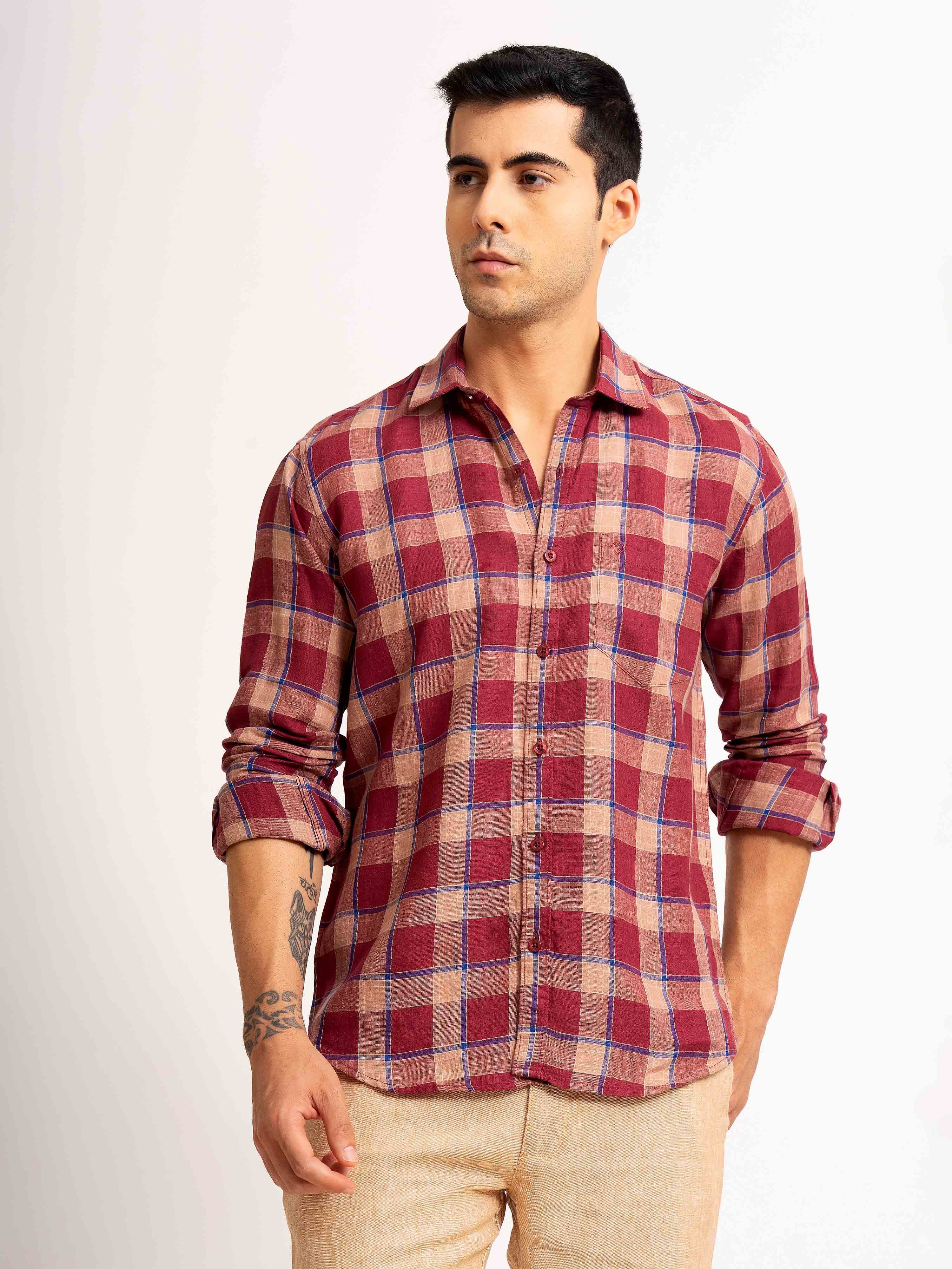 ST4U Men's Pure Linen Full Sleeve Checked Shirt – Maroon Blue Checks