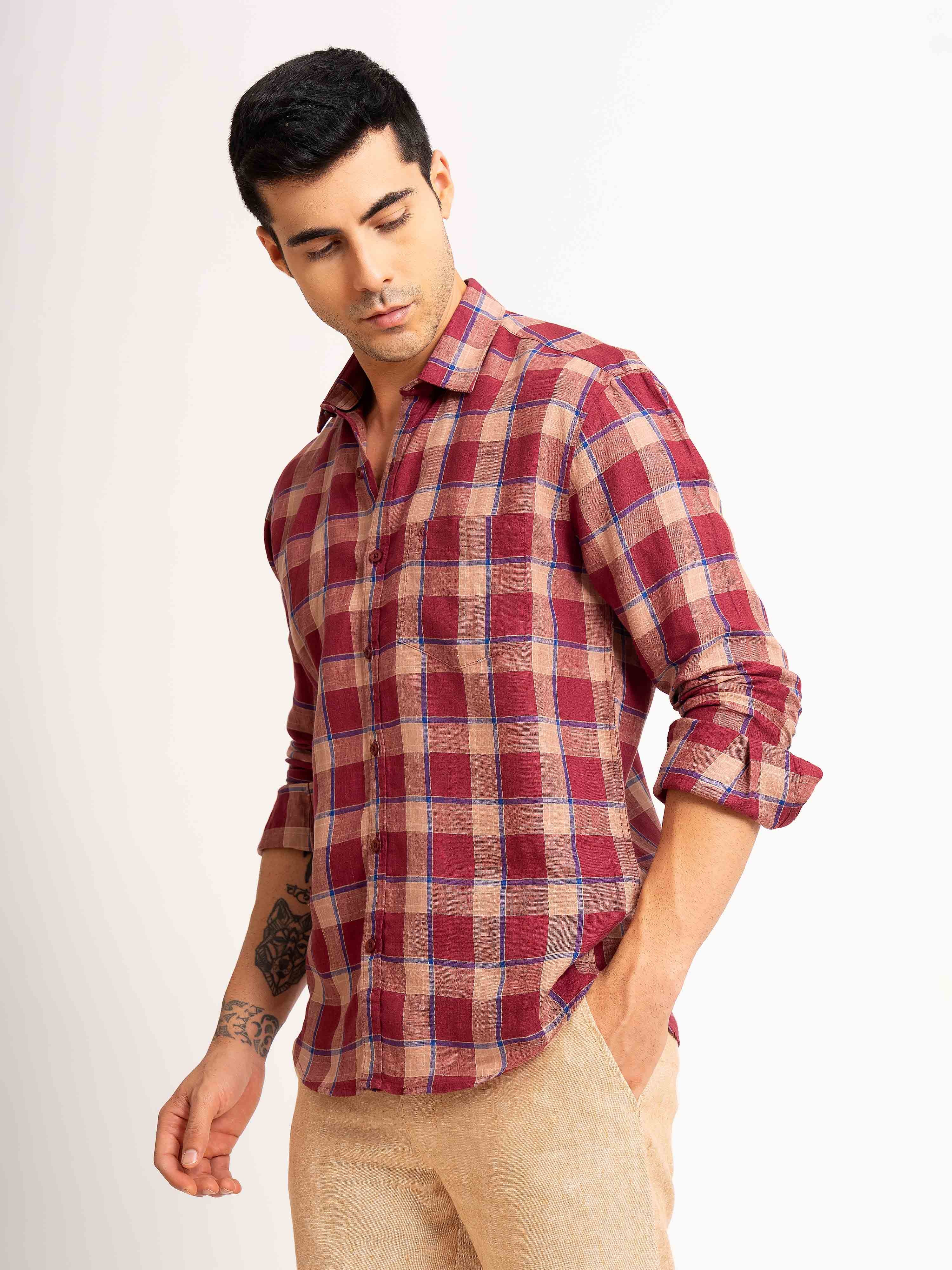 ST4U Men's Pure Linen Full Sleeve Checked Shirt – Maroon Blue Checks